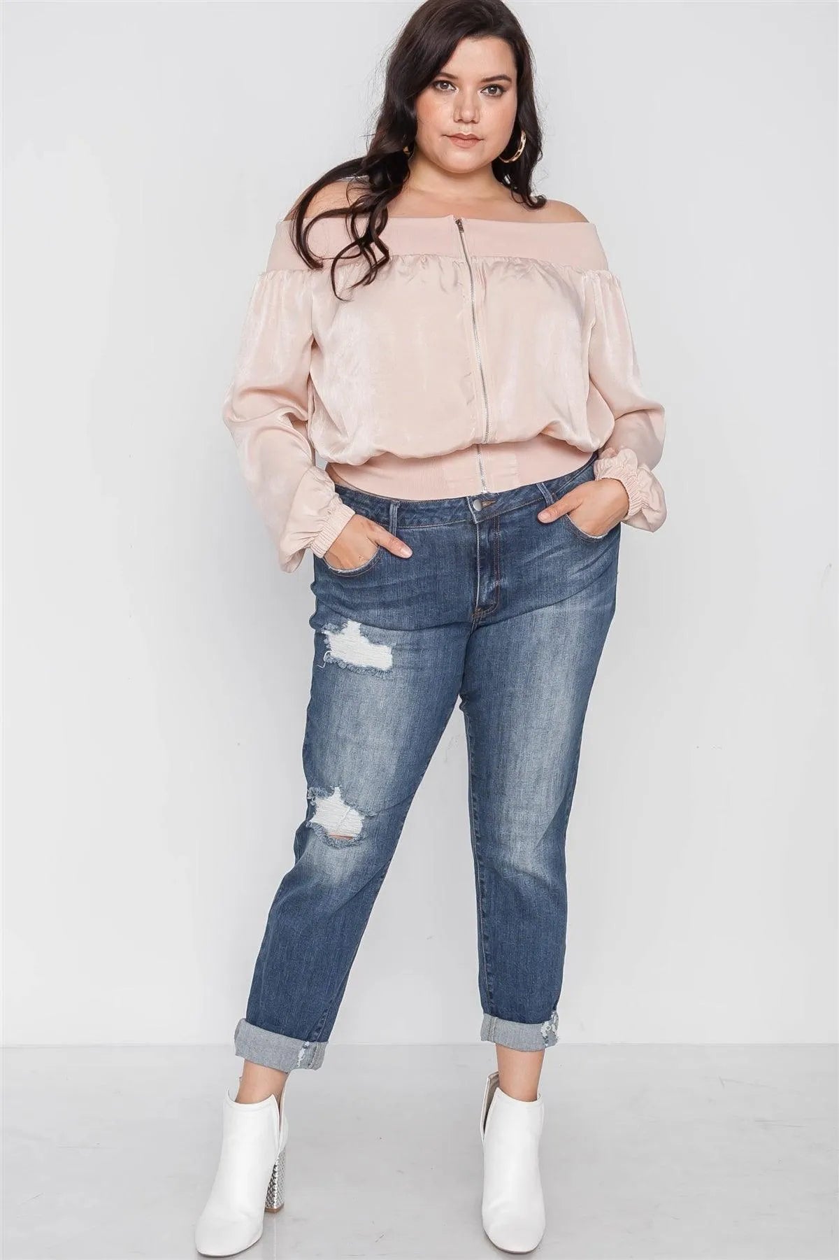 Plus Size Blush Off-The-Shoulder Light Bomber Jacket /2-2-2 - Tasha Apparel Wholesale