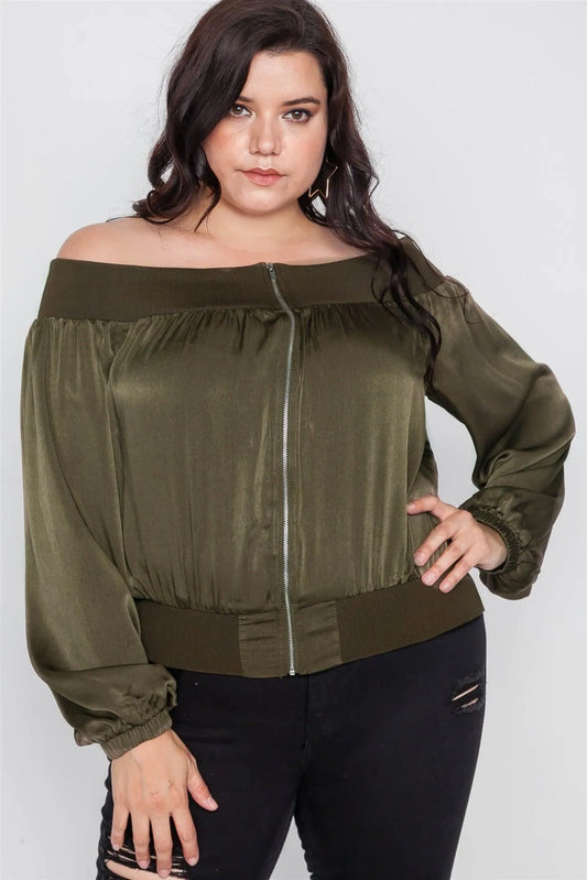 Plus Size Olive Off-The-Shoulder Light Bomber Jacket - Tasha Apparel Wholesale