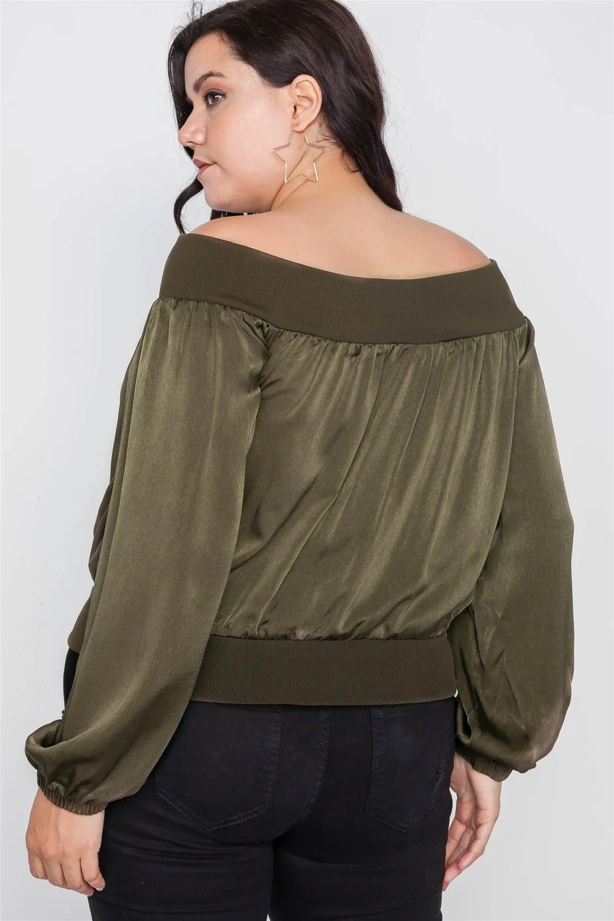 Plus Size Olive Off-The-Shoulder Light Bomber Jacket /2-2-2 - Tasha Apparel Wholesale
