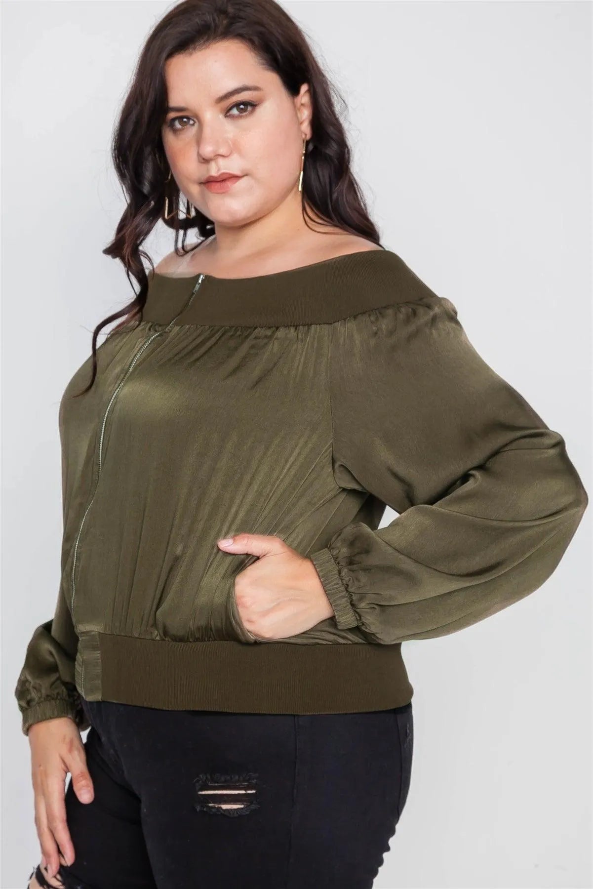 Plus Size Olive Off-The-Shoulder Light Bomber Jacket /2-2-2 - Tasha Apparel Wholesale