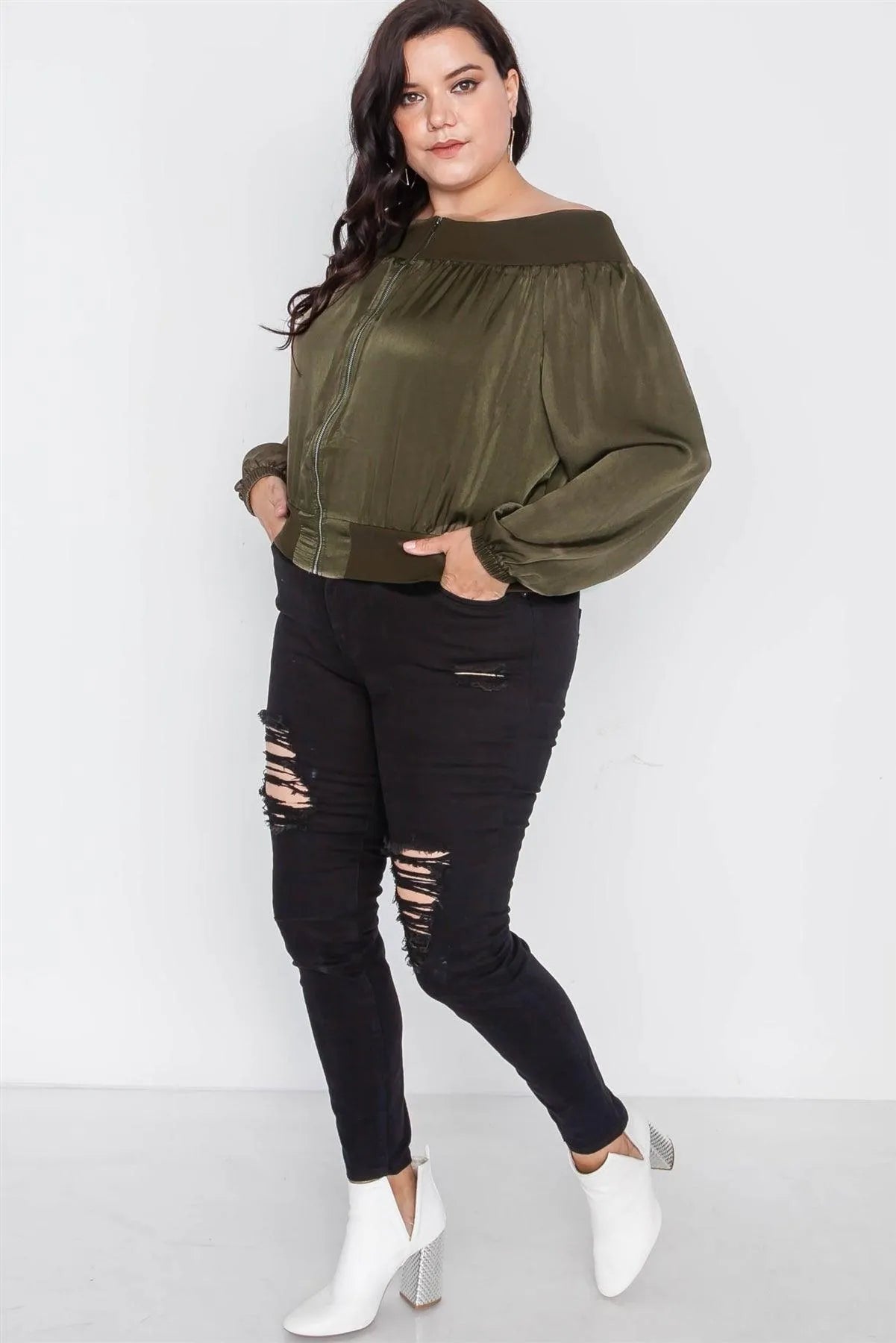 Plus Size Olive Off-The-Shoulder Light Bomber Jacket /2-2-2 - Tasha Apparel Wholesale