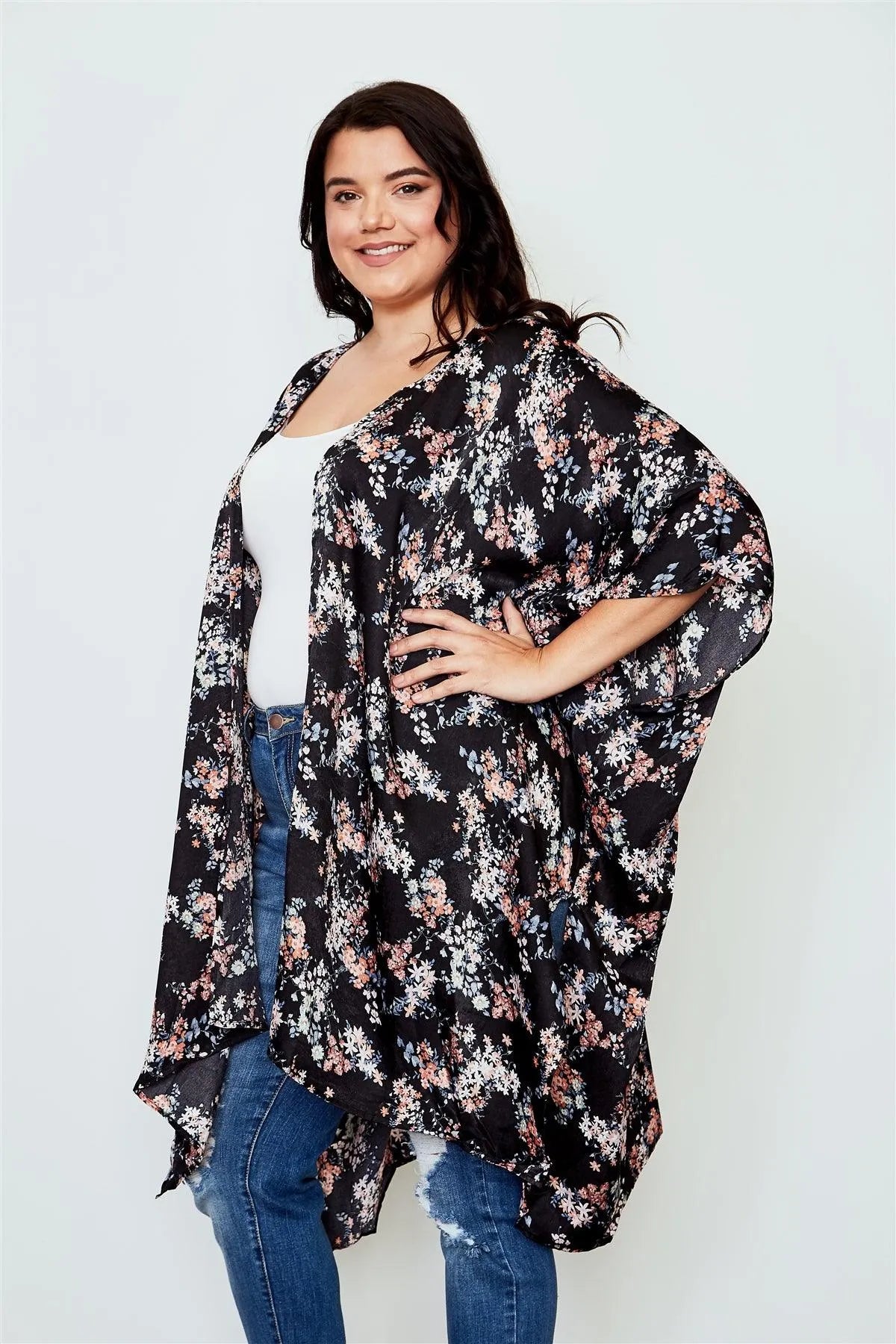 Plus Size Black And Floral Print Open Front Kimono /2-2-2 - Tasha Apparel Wholesale