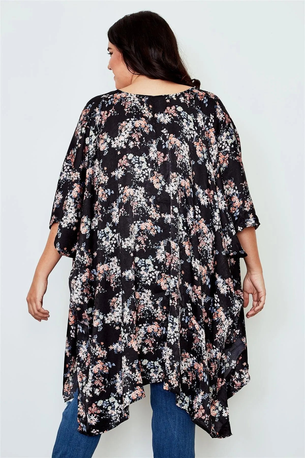 Plus Size Black And Floral Print Open Front Kimono /2-2-2 - Tasha Apparel Wholesale