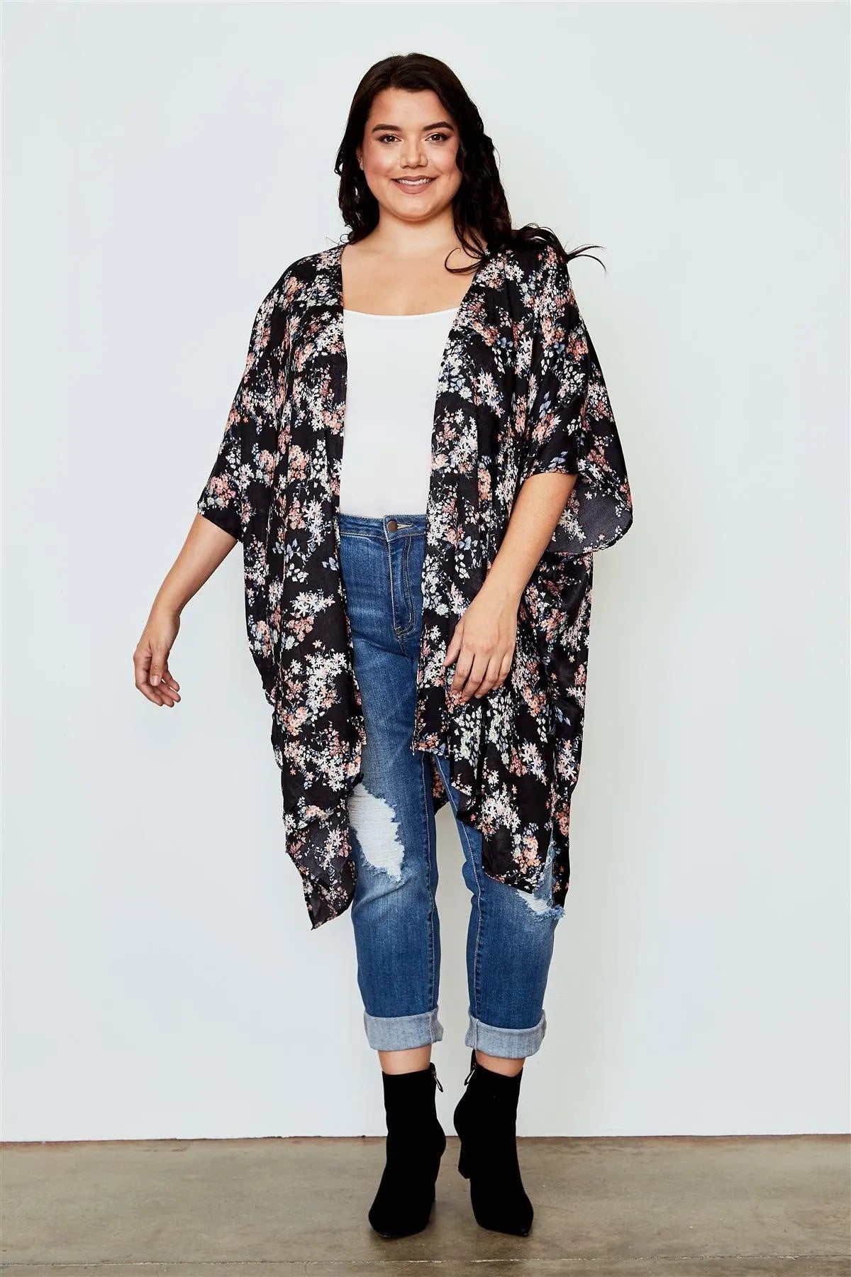 Plus Size Black And Floral Print Open Front Kimono /2-2-2 - Tasha Apparel Wholesale