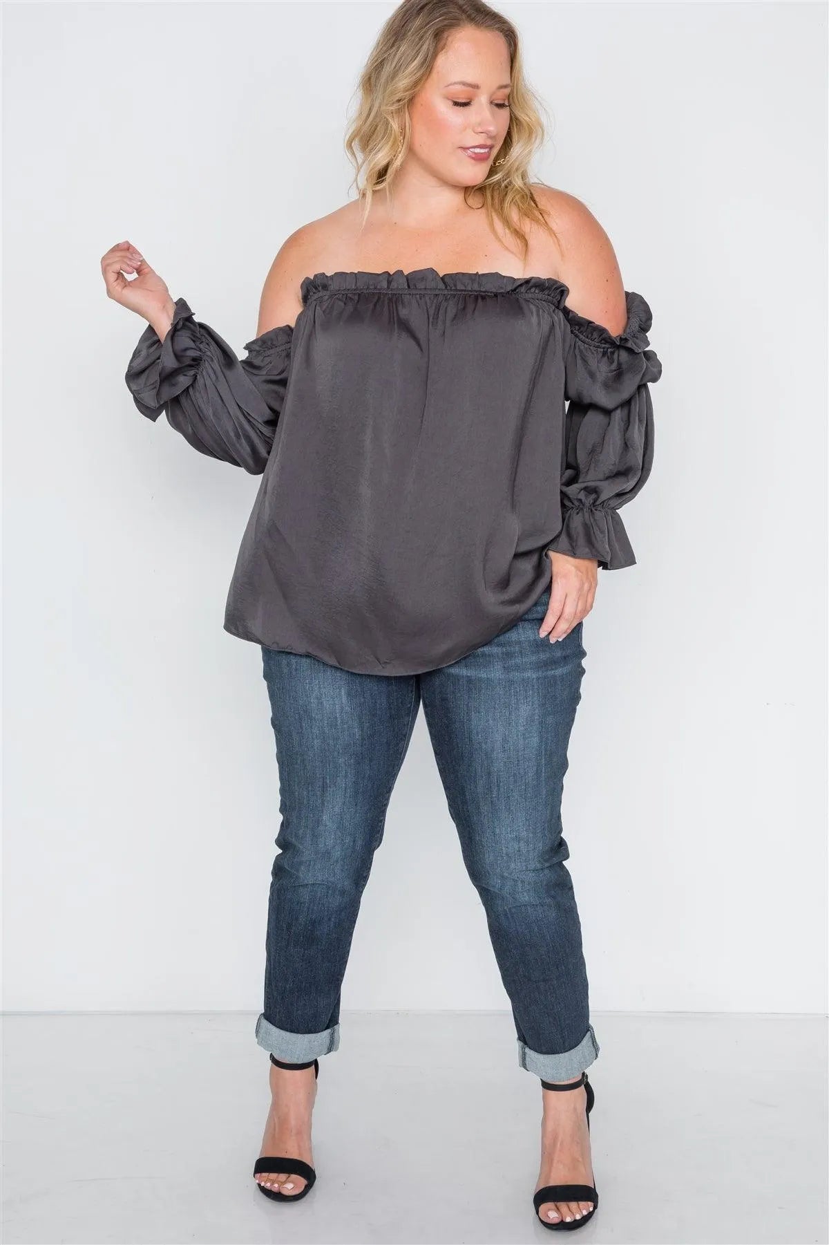 Wholesale Plus Size Charcoal Ruffled Satin Evening Top /2-2-1