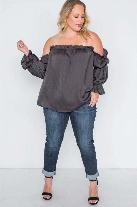 Plus Size Charcoal Ruffled Satin Evening Top /2-2-1 - Tasha Apparel Wholesale