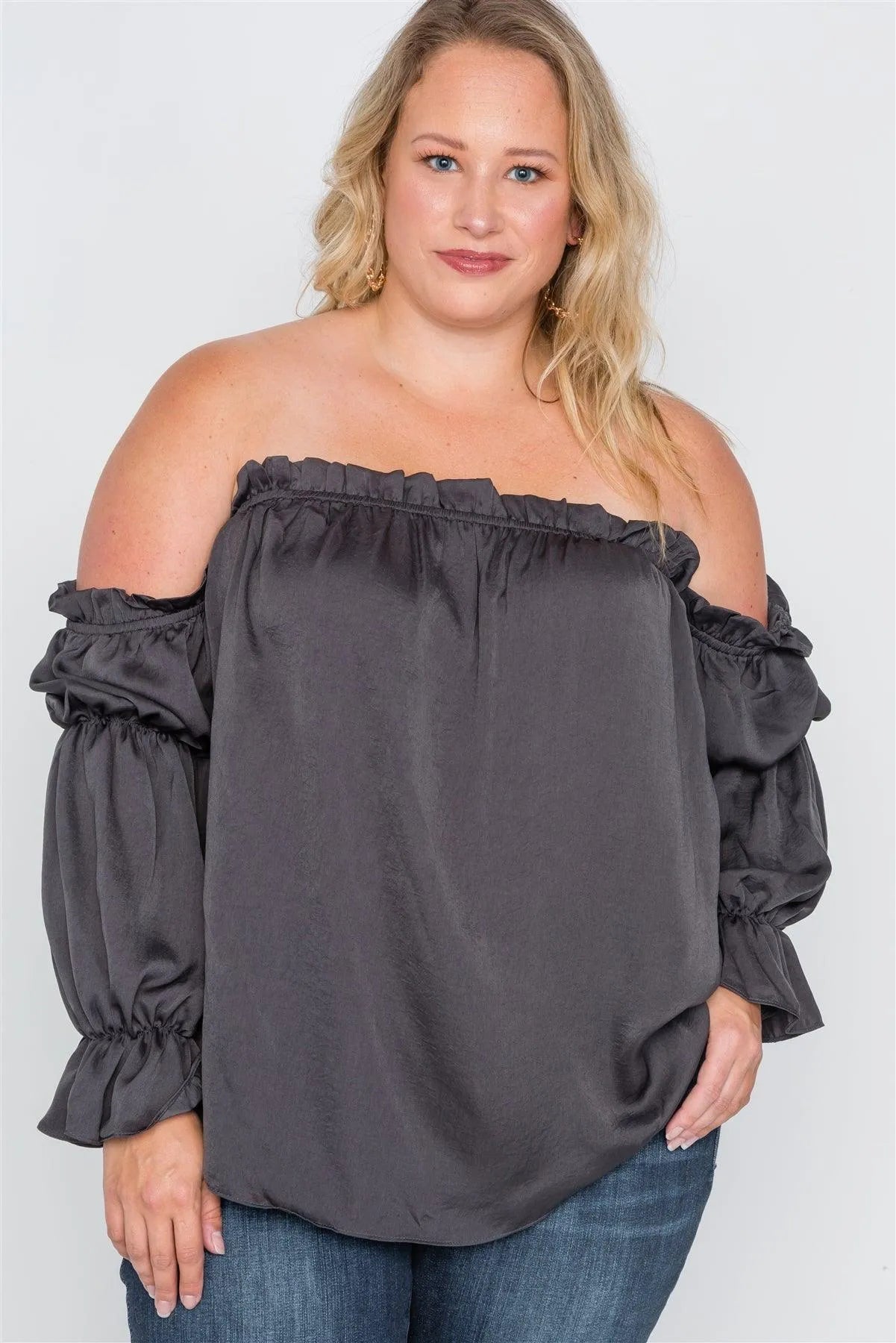 Plus Size Charcoal Ruffled Satin Evening Top /2-2-2 - Tasha Apparel Wholesale