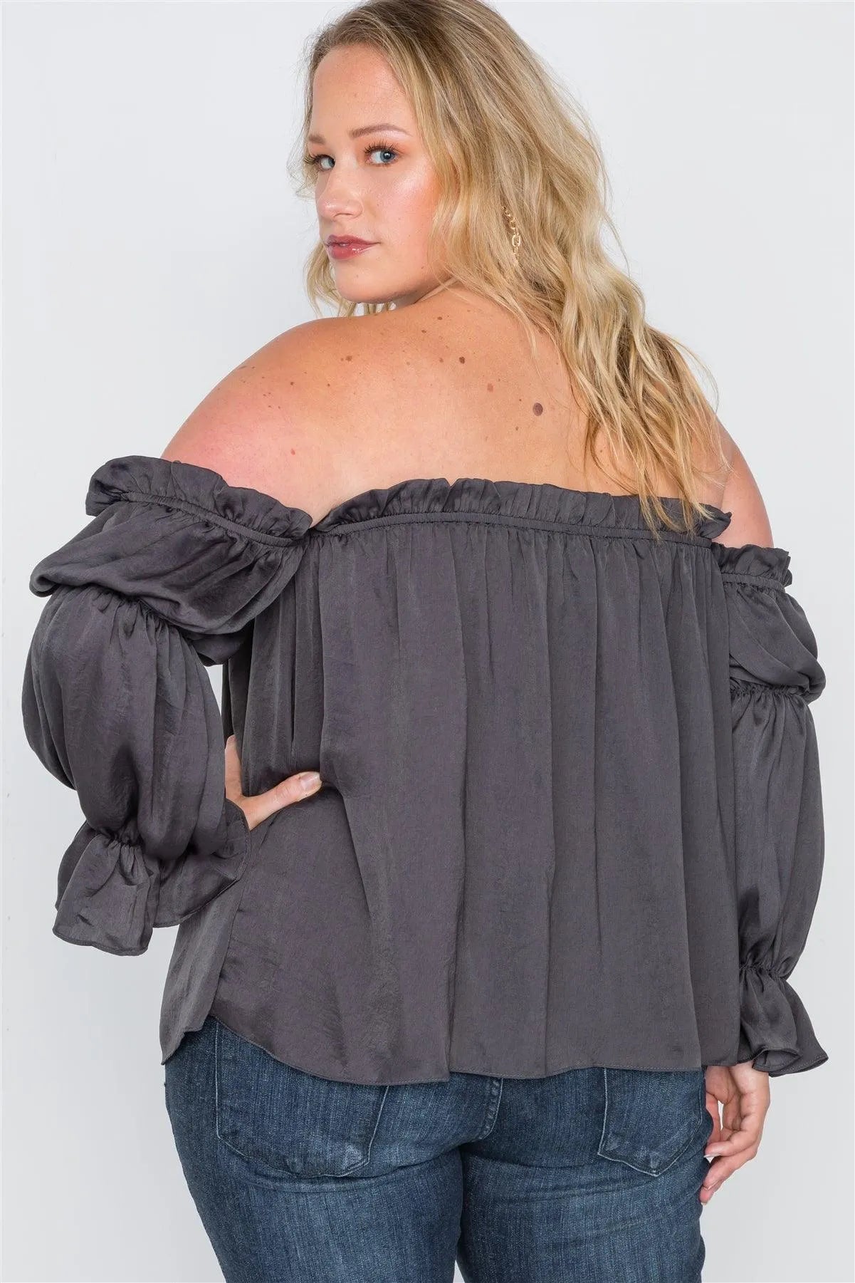 Plus Size Charcoal Ruffled Satin Evening Top /2-2-2 - Tasha Apparel Wholesale