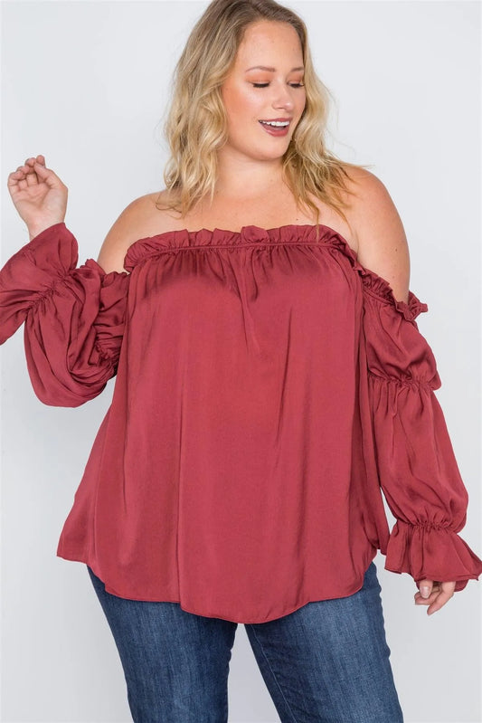Plus Size Rust Ruffled Satin Evening Top - Tasha Apparel Wholesale
