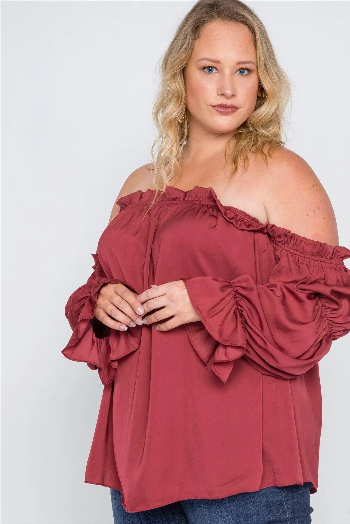 Plus Size Rust Ruffled Satin Evening Top /2-2-2 - Tasha Apparel Wholesale