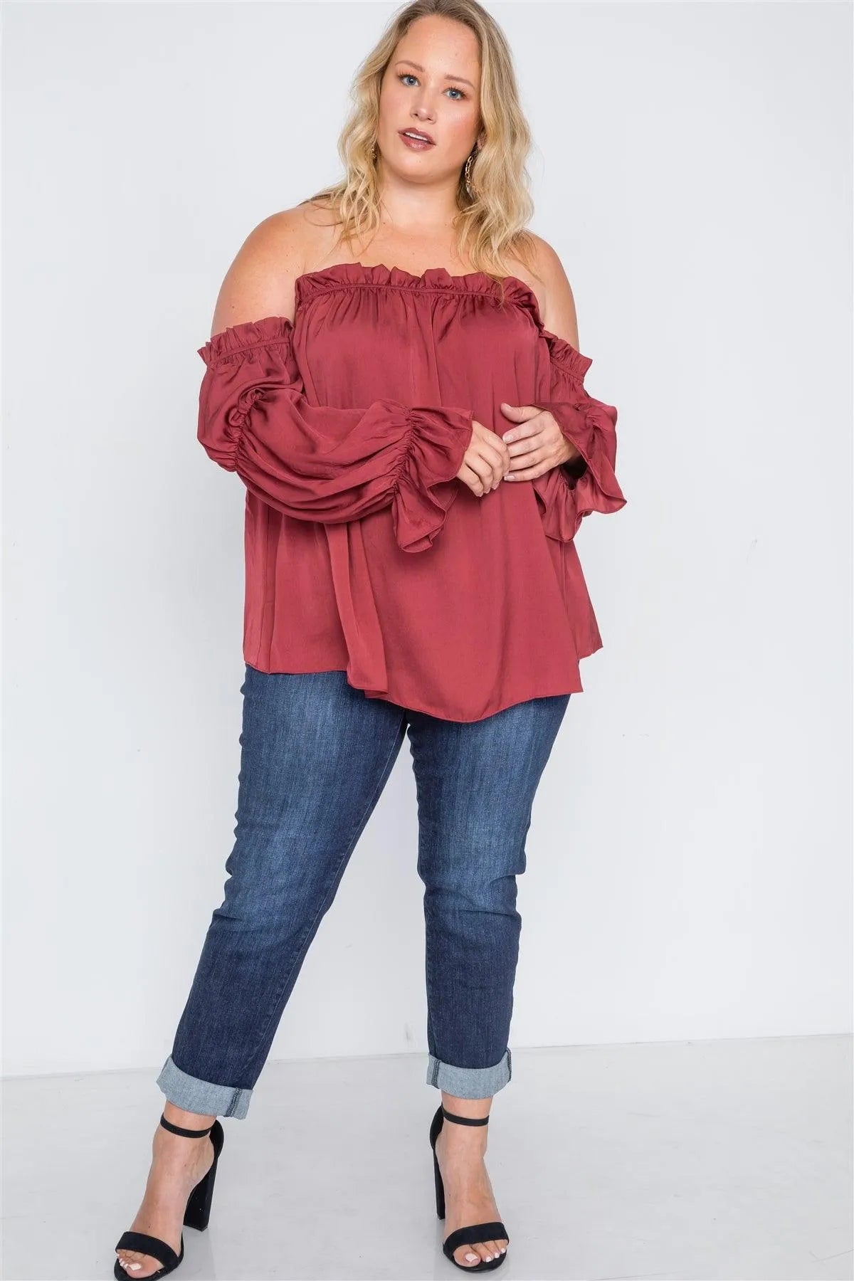 Plus Size Rust Ruffled Satin Evening Top /2-2-2 - Tasha Apparel Wholesale