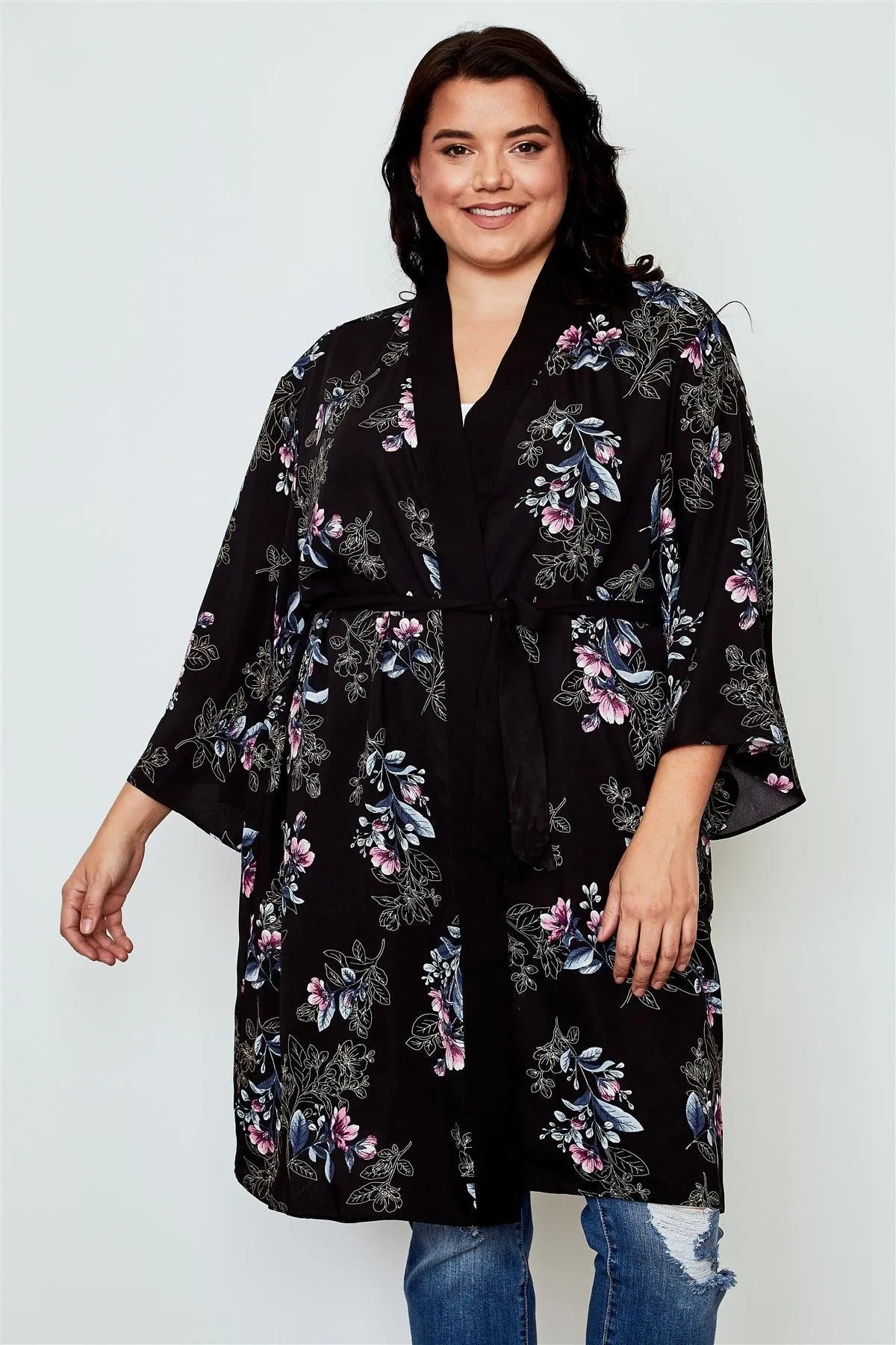 Plus Size Black Floral Print Belted Longline Kimono /3-3 - Tasha Apparel Wholesale