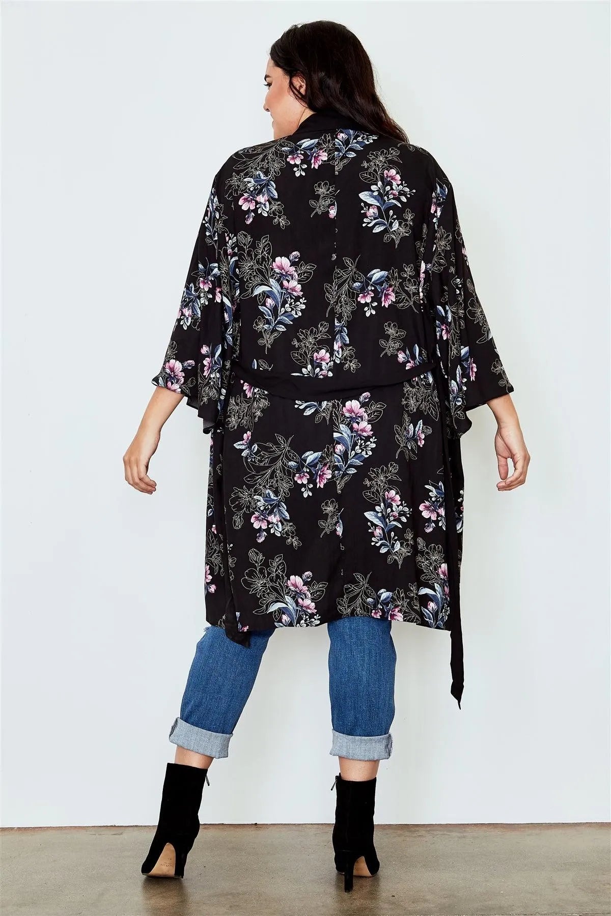 Plus Size Black Floral Print Belted Longline Kimono /3-3 - Tasha Apparel Wholesale