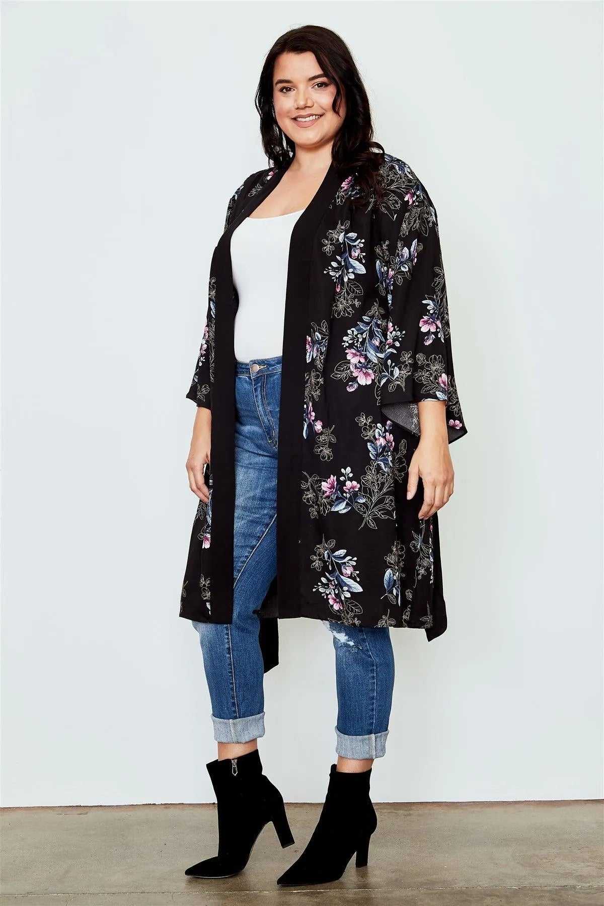 Plus Size Black Floral Print Belted Longline Kimono /3-3 - Tasha Apparel Wholesale