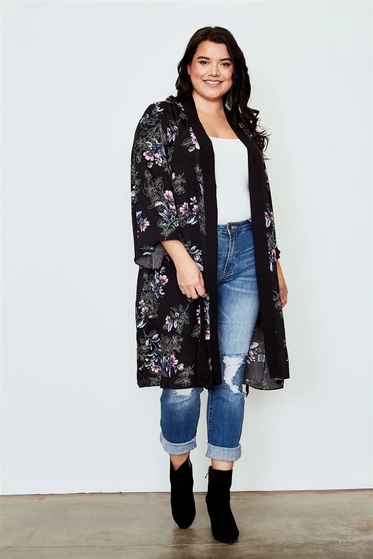 Plus Size Black Floral Print Belted Longline Kimono /3-3 - Tasha Apparel Wholesale