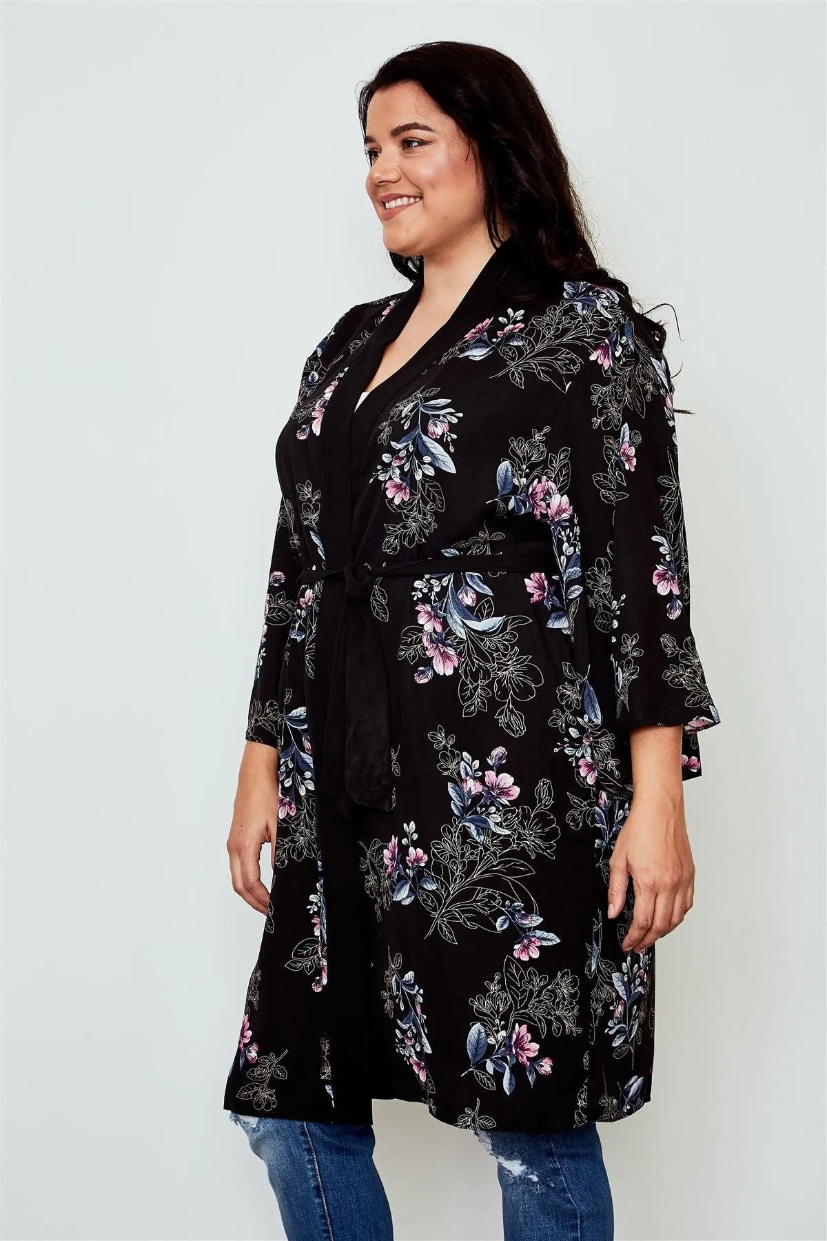 Plus Size Black Floral Print Belted Longline Kimono /3-3 - Tasha Apparel Wholesale