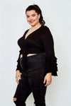 Plus Size Black Tiered Bell Sleeve Tie Front Wrap Top /1-2-1 - Tasha Apparel Wholesale