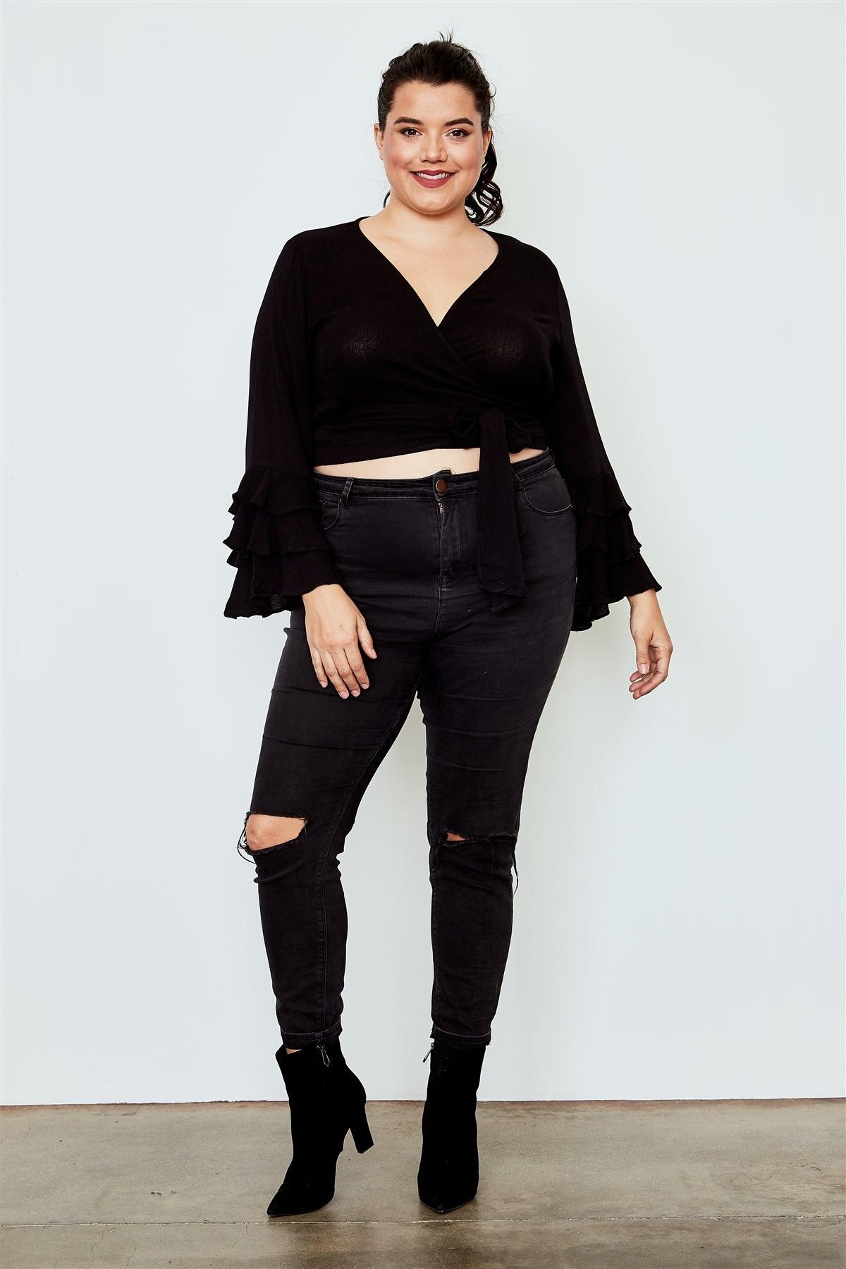 Plus Size Black Tiered Bell Sleeve Tie Front Wrap Top /2-2-2
