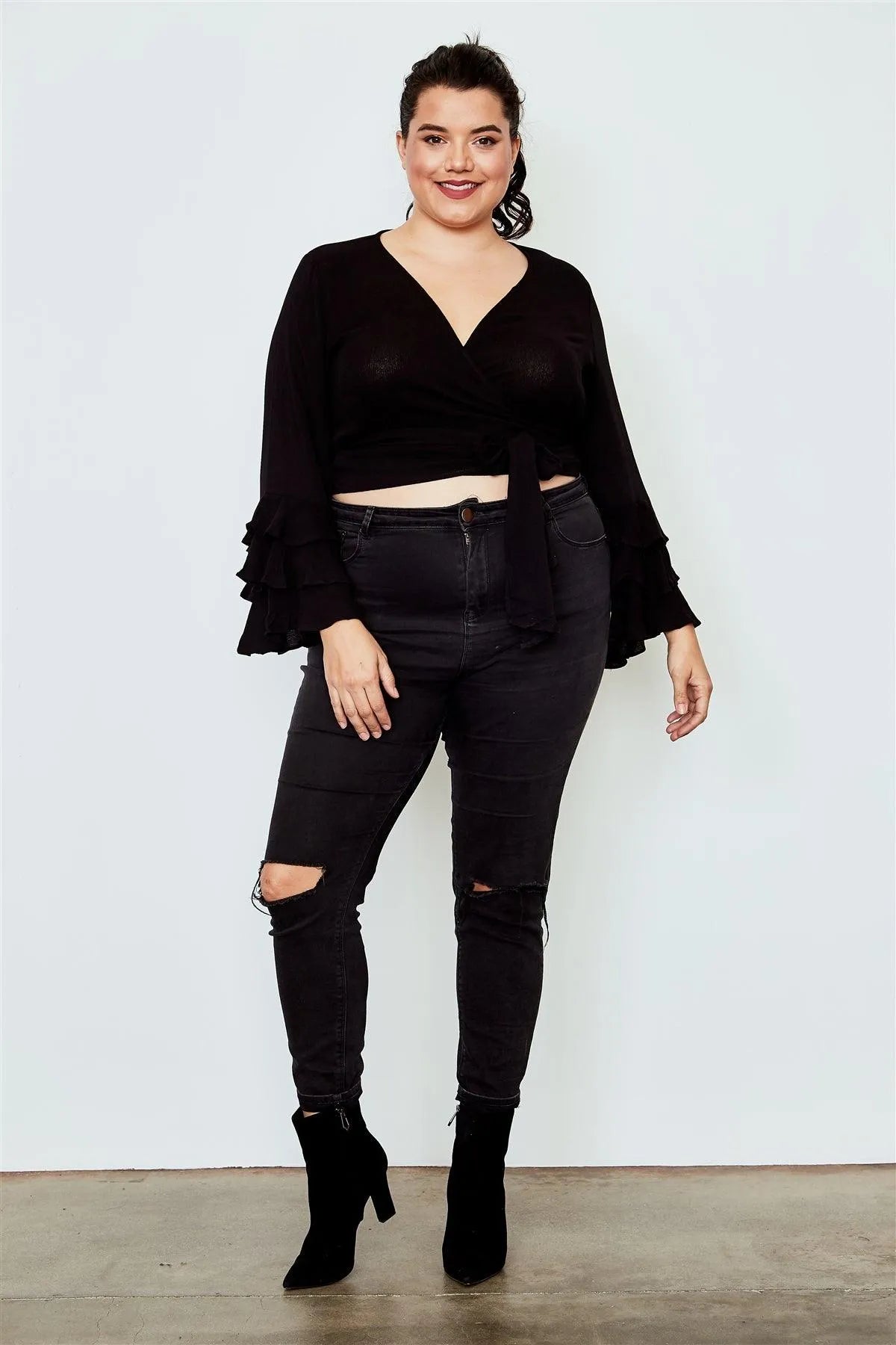 Plus Size Black Tiered Bell Sleeve Tie Front Wrap Top /2-2-2 - Tasha Apparel Wholesale