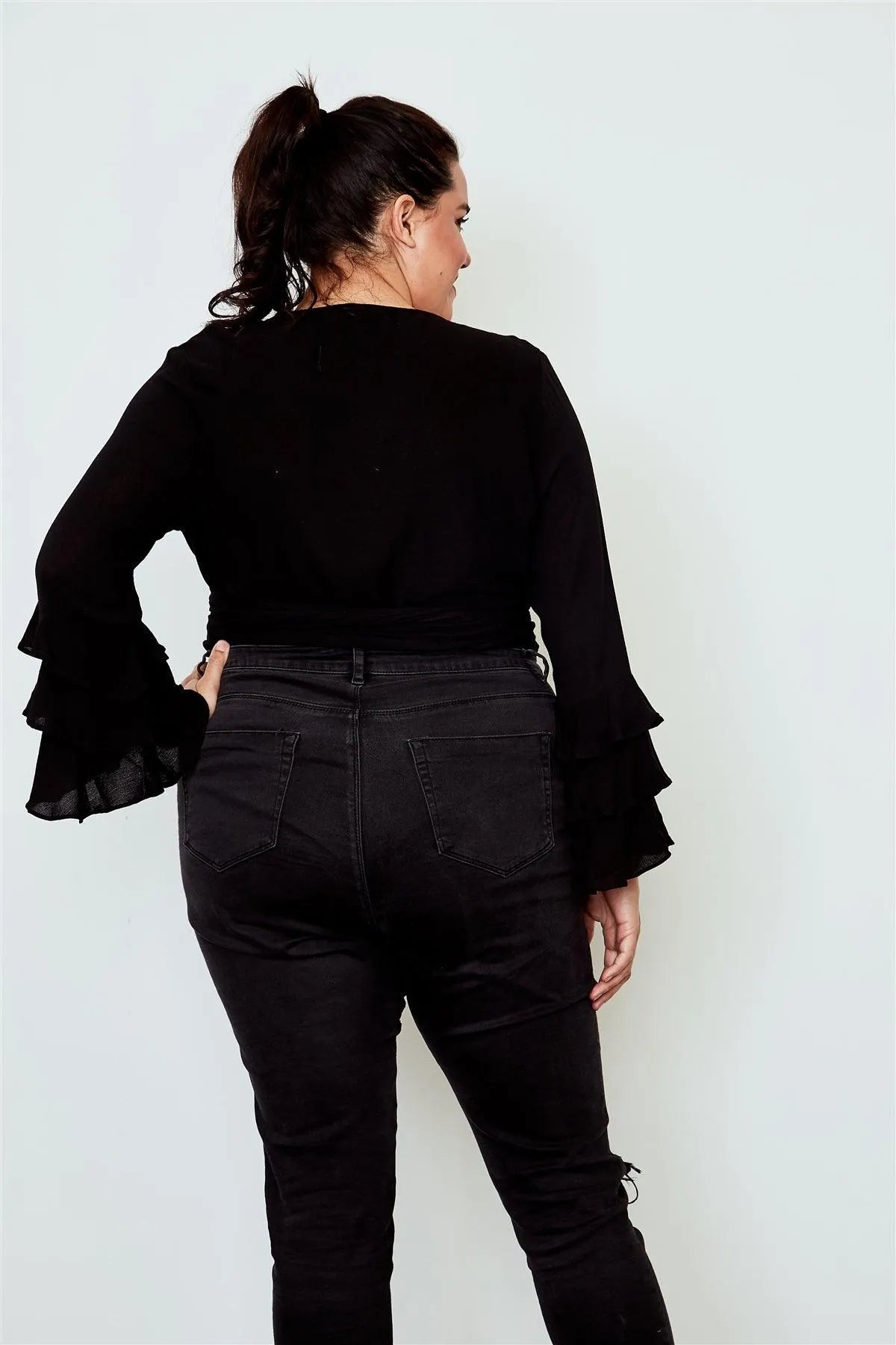 Plus Size Black Tiered Bell Sleeve Tie Front Wrap Top /2-2-2 - Tasha Apparel Wholesale
