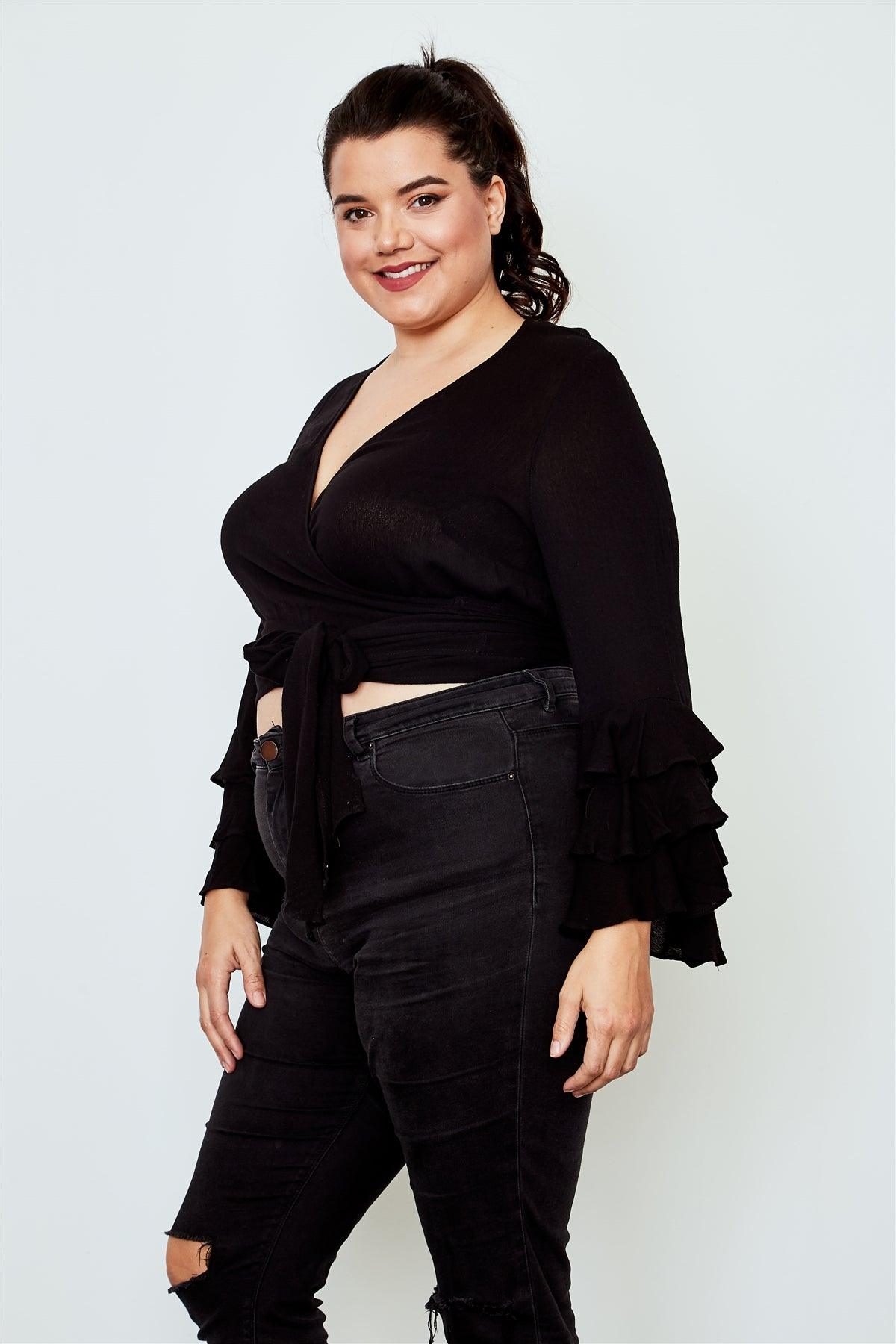 Plus Size Black Tiered Bell Sleeve Tie Front Wrap Top /2-2-2