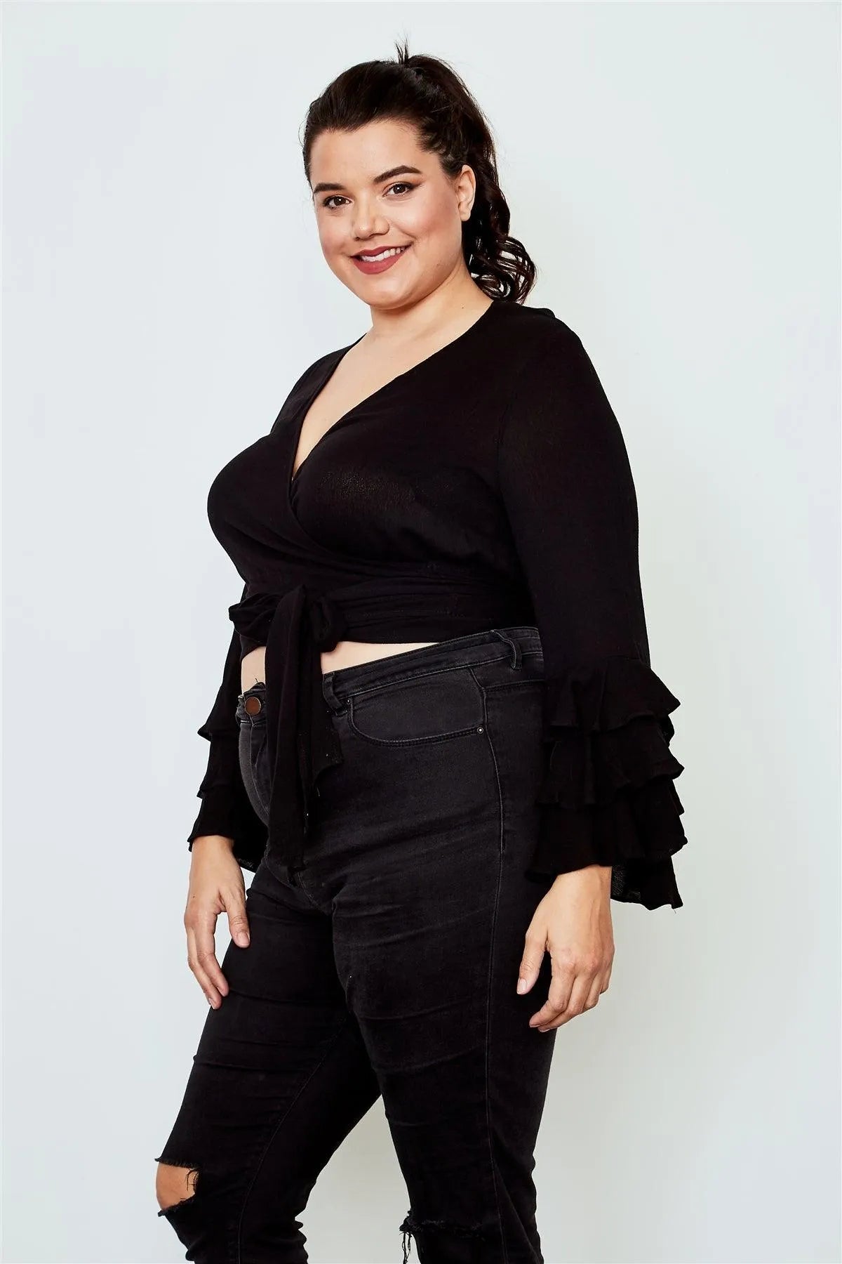 Plus Size Black Tiered Bell Sleeve Tie Front Wrap Top /2-2-2 - Tasha Apparel Wholesale