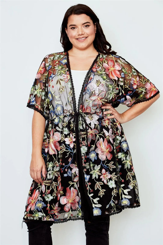 Boho Plus Size Black Sheer Floral Embroidered Waist Tie Kimono /3-3 - Tasha Apparel Wholesale