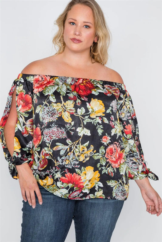 Plus Size Black Floral Off-The-Shoulder Satin Top /2-2-2-1 - Tasha Apparel Wholesale