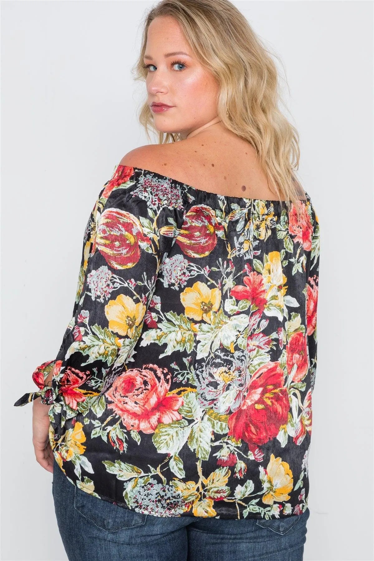 Plus Size Black Floral Off-The-Shoulder Satin Top /2-2-2-1 - Tasha Apparel Wholesale