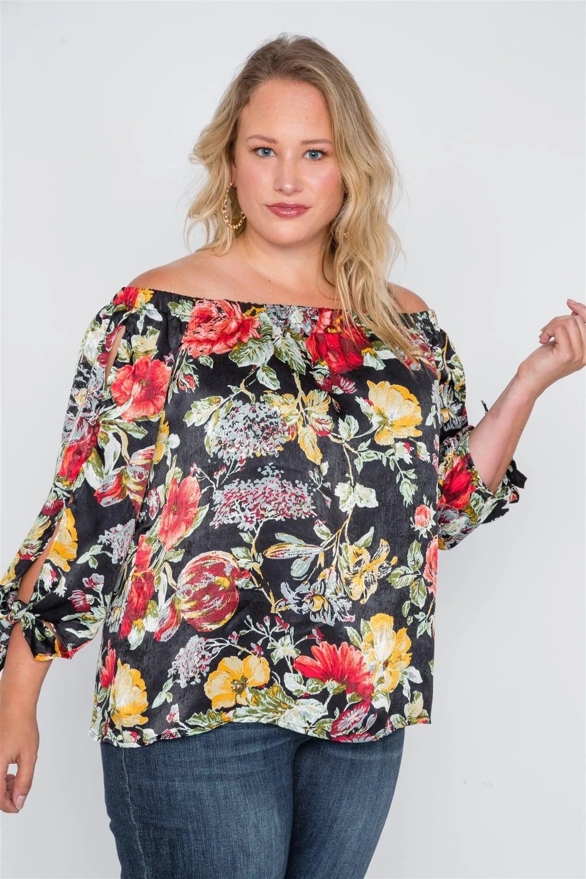 Plus Size Black Floral Off-The-Shoulder Satin Top /2-2-2-1 - Tasha Apparel Wholesale