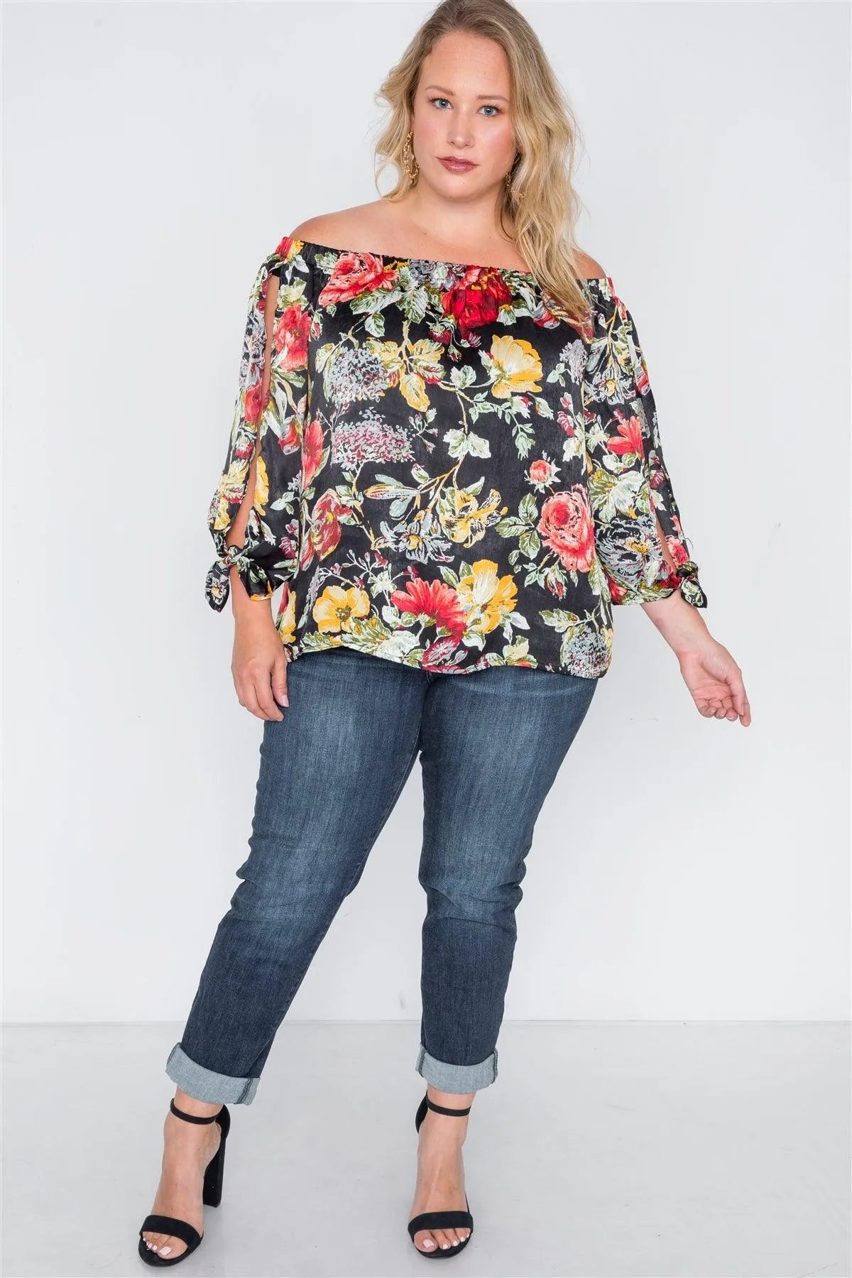 Plus Size Black Floral Off-The-Shoulder Satin Top /2-2-2-1 - Tasha Apparel Wholesale
