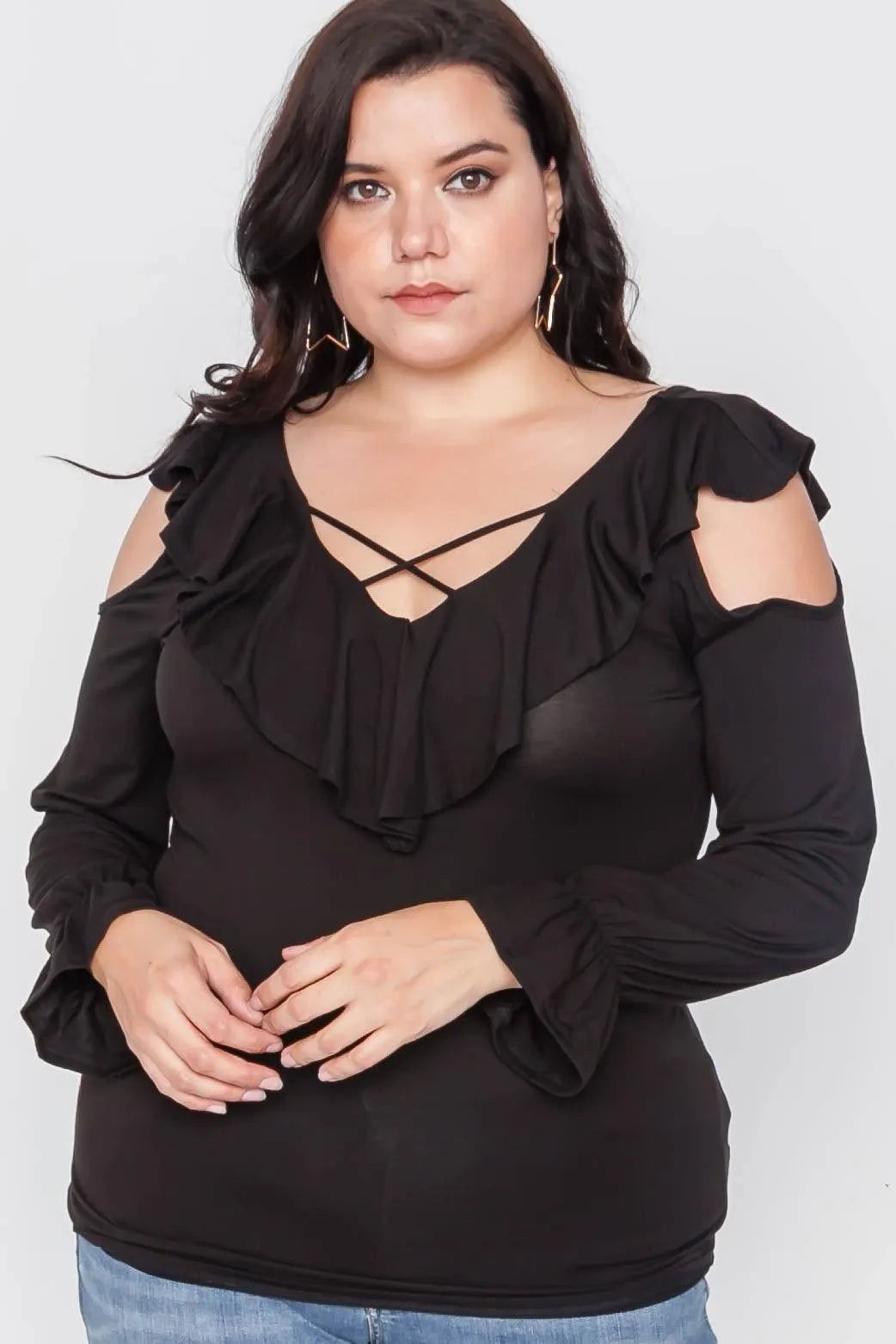 Plus Size Black Long Sleeve Flounce Top - Tasha Apparel Wholesale
