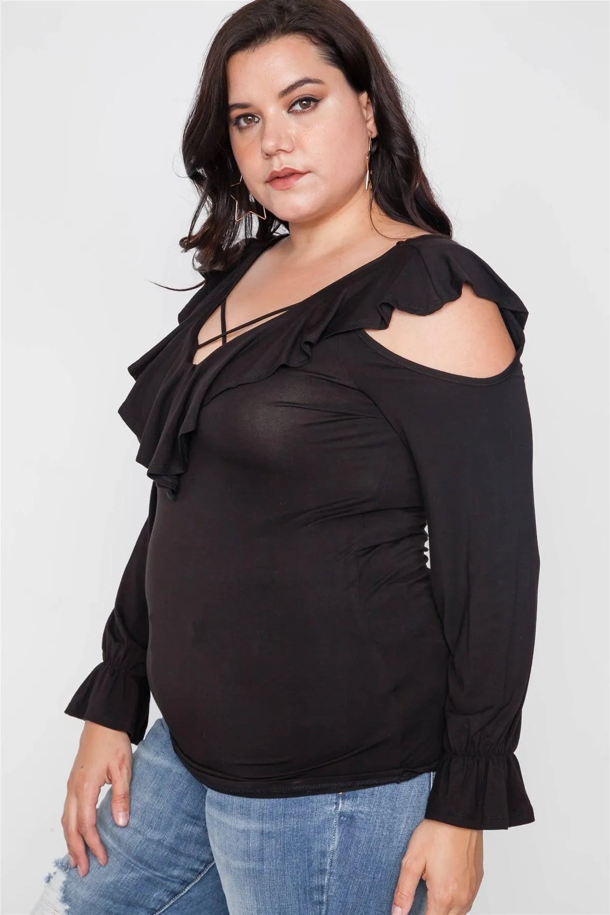 Plus Size Black Long Sleeve Flounce Top - Tasha Apparel Wholesale