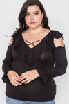Junior Plus Size Black Long Sleeve Flounce Top /2-2-2 - Tasha Apparel Wholesale