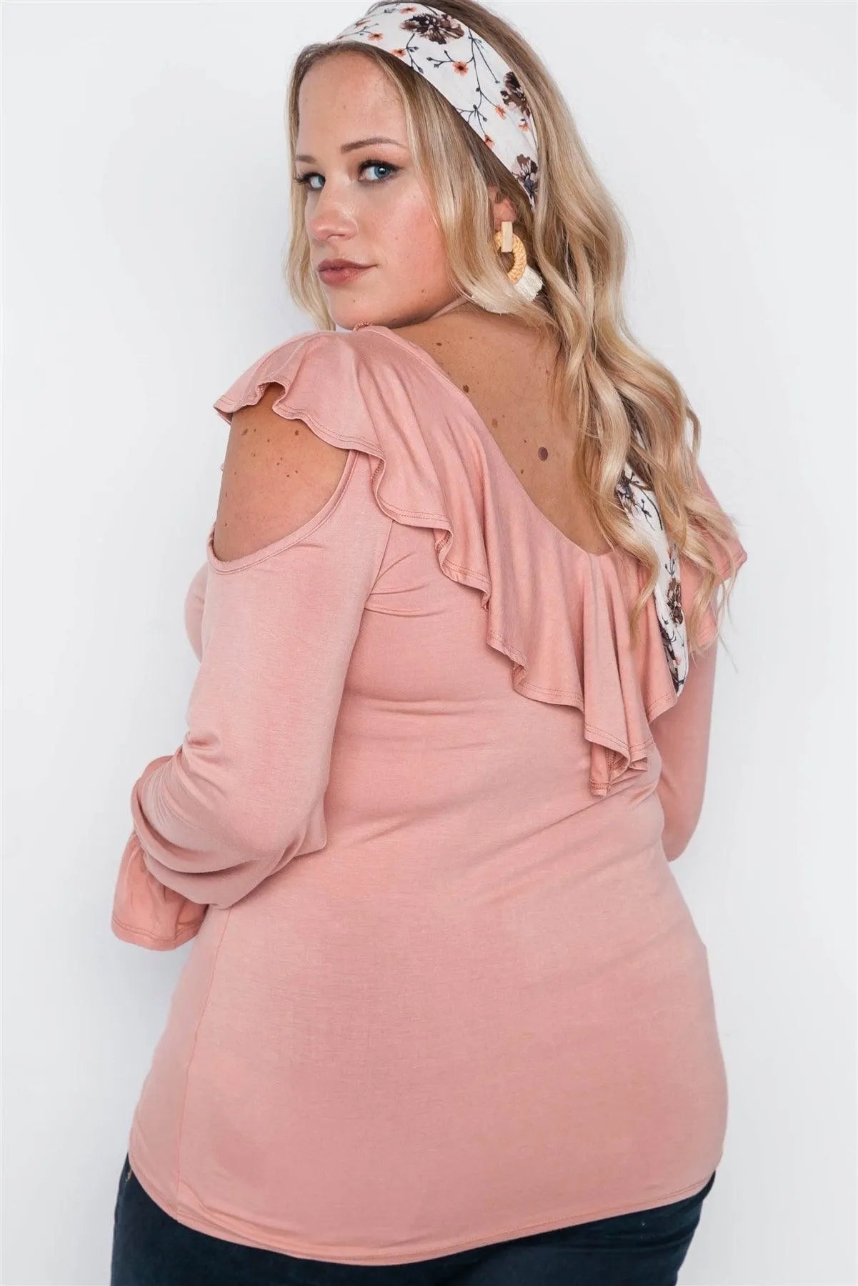 Junior Plus Size Salmon Long Sleeve Flounce Top /2-2-2 - Tasha Apparel Wholesale