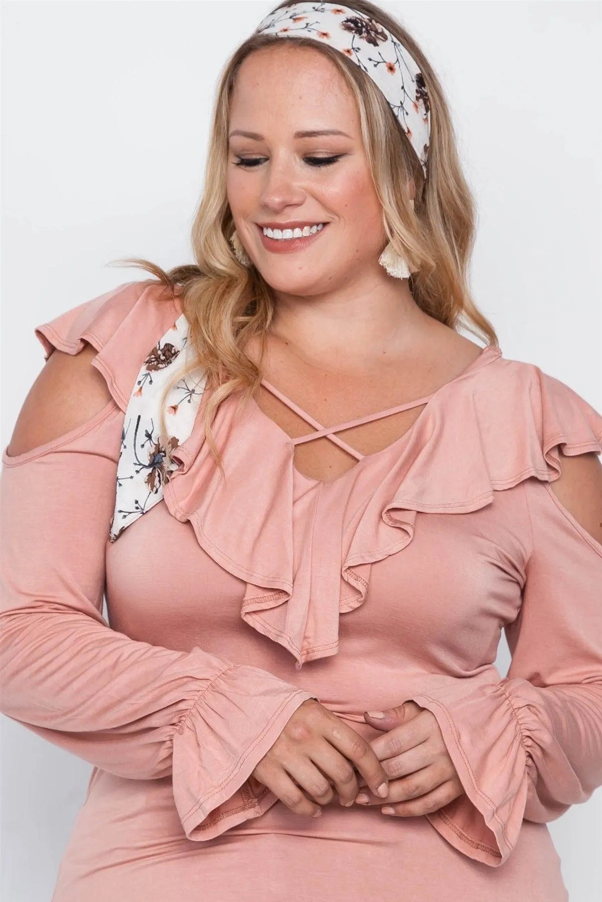 Junior Plus Size Salmon Long Sleeve Flounce Top /2-2-2 - Tasha Apparel Wholesale