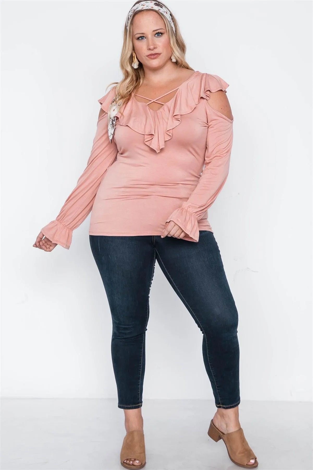 Junior Plus Size Salmon Long Sleeve Flounce Top /2-2-2 - Tasha Apparel Wholesale