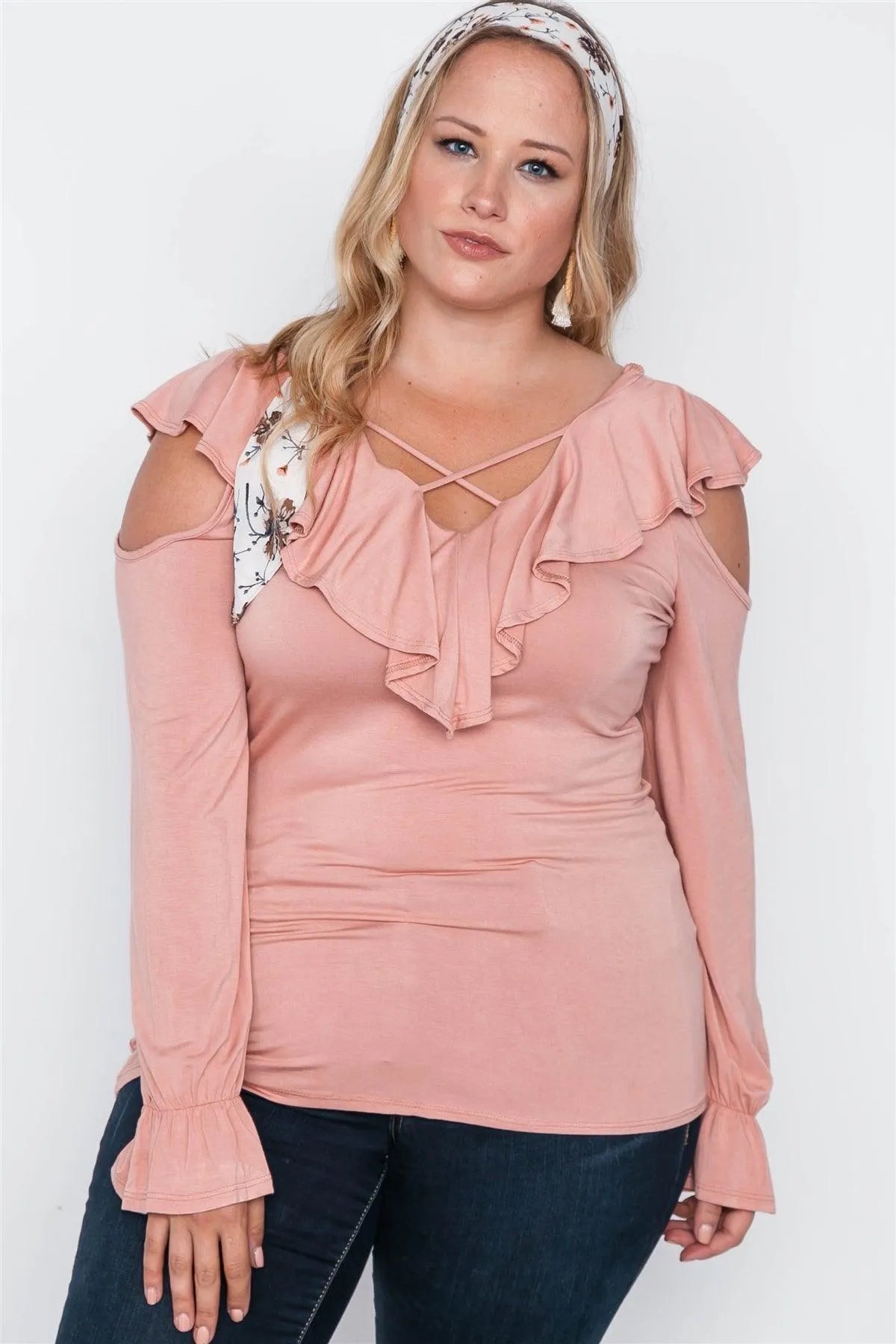 Plus Size Salmon Long Sleeve Flounce Top - Tasha Apparel Wholesale