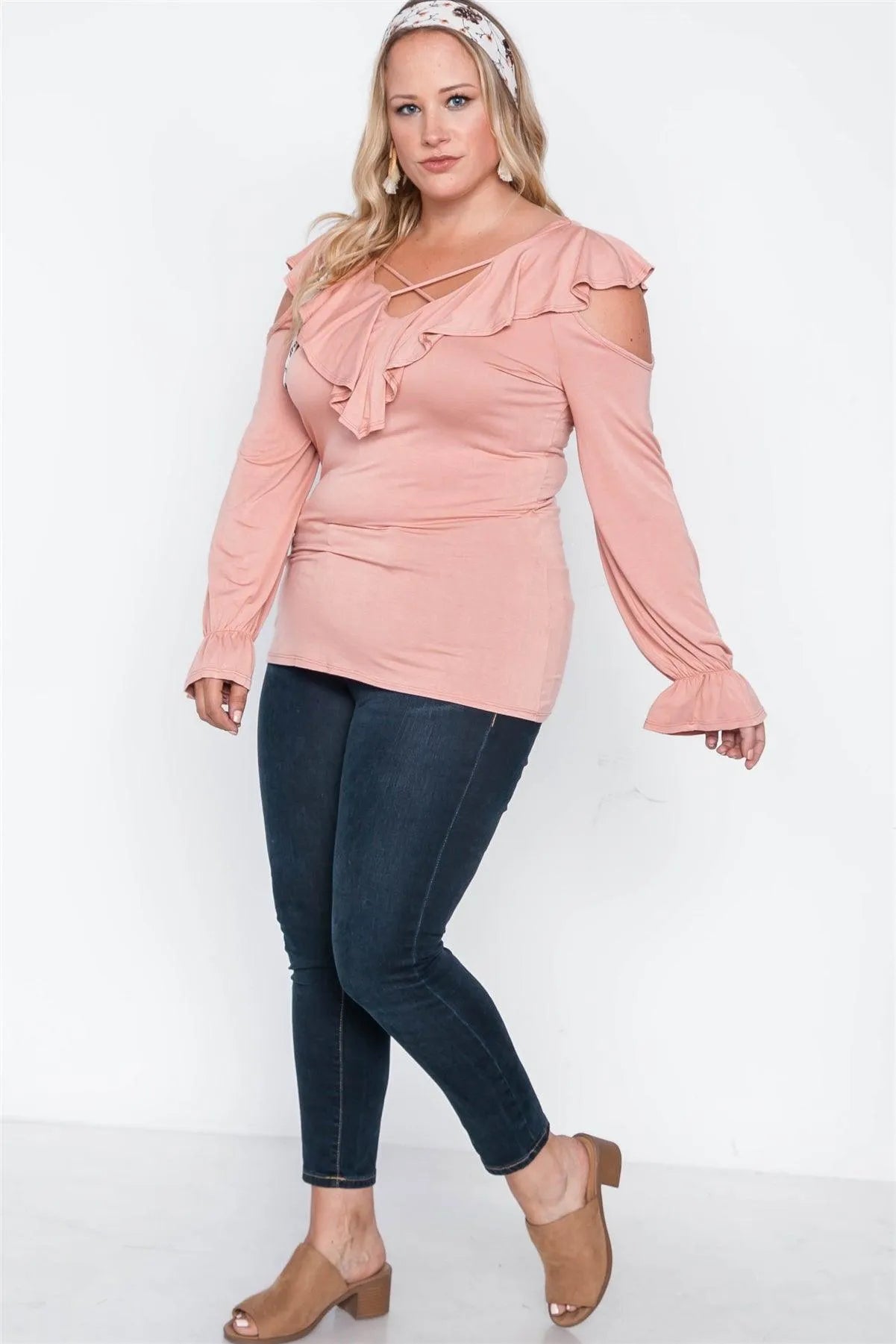 Plus Size Salmon Long Sleeve Flounce Top - Tasha Apparel Wholesale