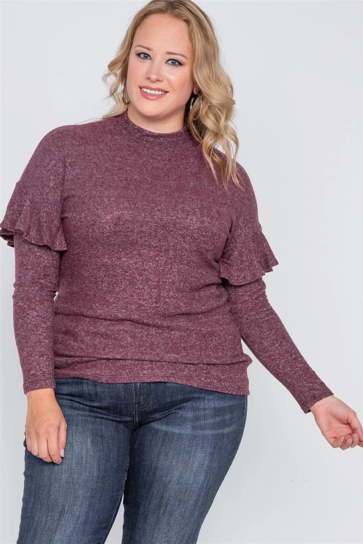Plus Size Burgundy Ruffle Long Sleeve Casual Sweater /2-2-2 - Tasha Apparel Wholesale