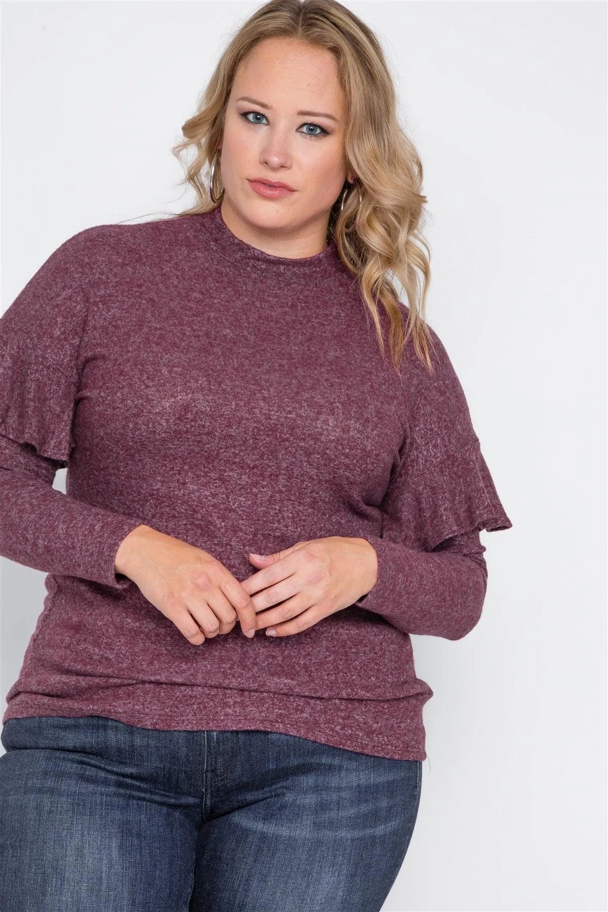 Plus Size Burgundy Ruffle Long Sleeve Casual Sweater /3-2-2 - Tasha Apparel Wholesale