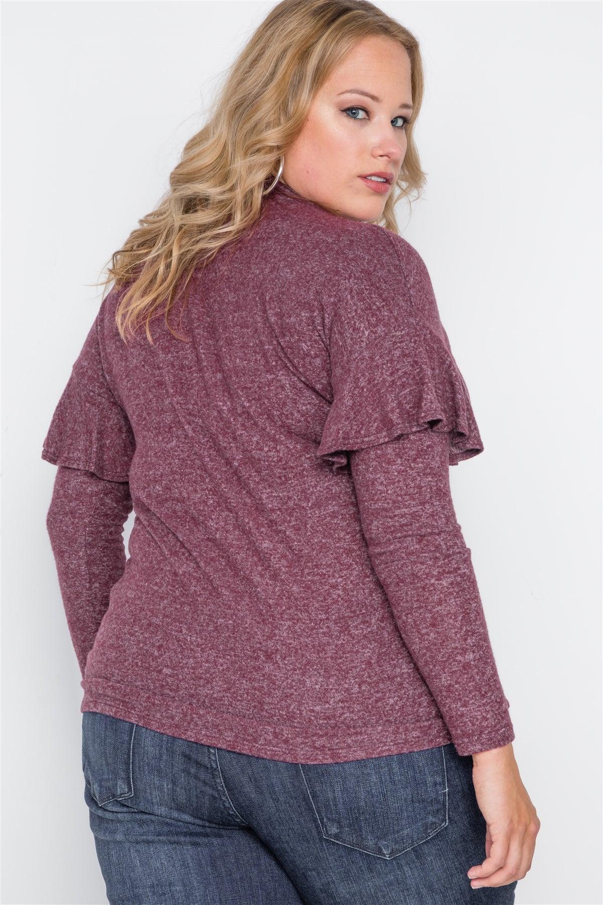 Plus Size Burgundy Ruffle Long Sleeve Casual Sweater /3-2-2