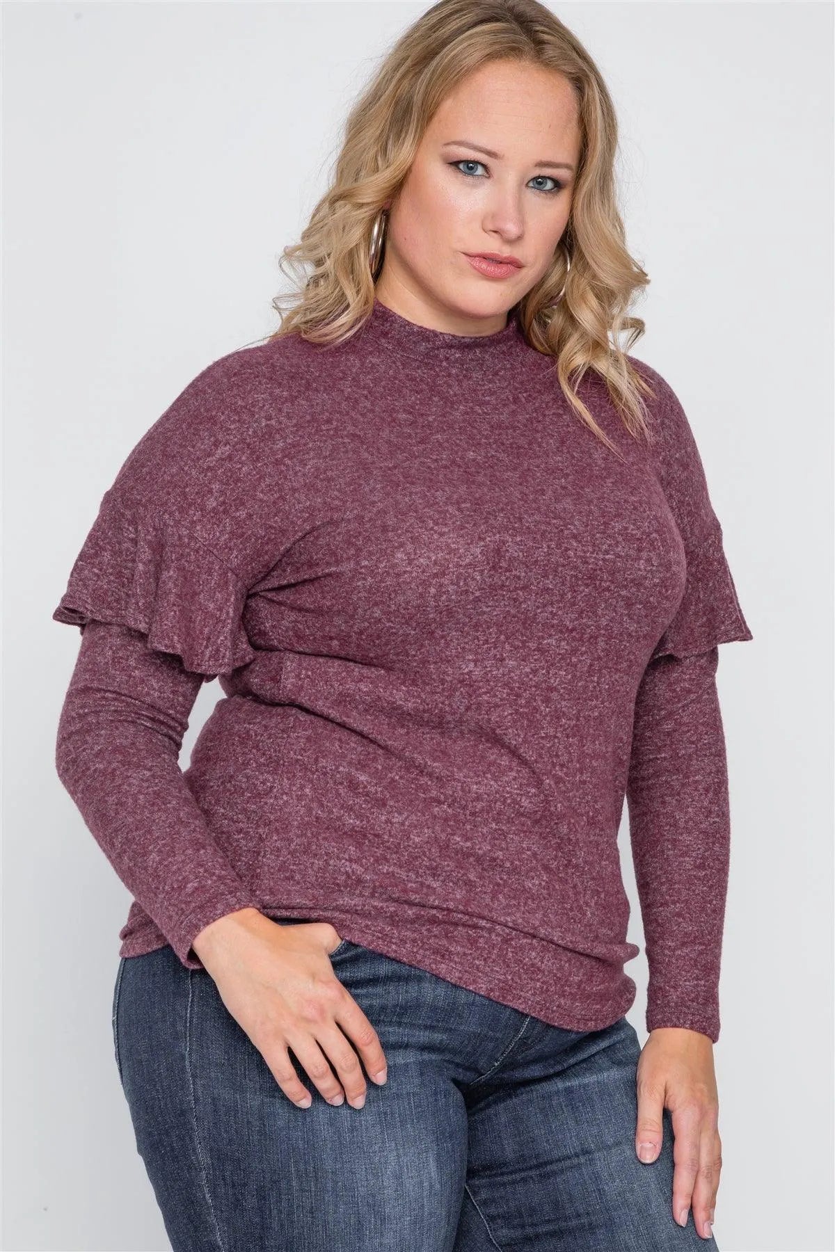 Plus Size Burgundy Ruffle Long Sleeve Casual Sweater /3-2-2 - Tasha Apparel Wholesale