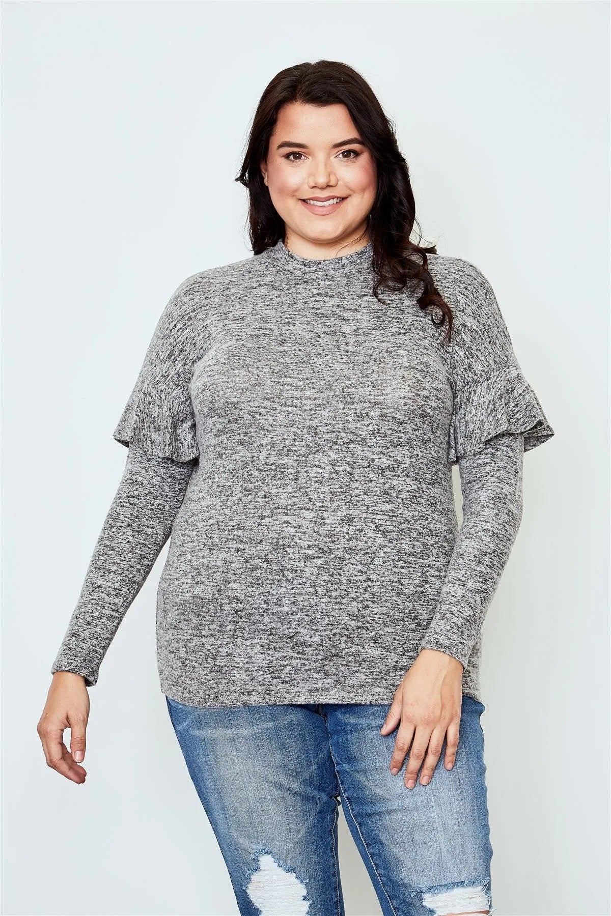 Plus Size Grey Ruffle Trim Long Sleeve Casual Sweatshirt /2-2-2 - Tasha Apparel Wholesale