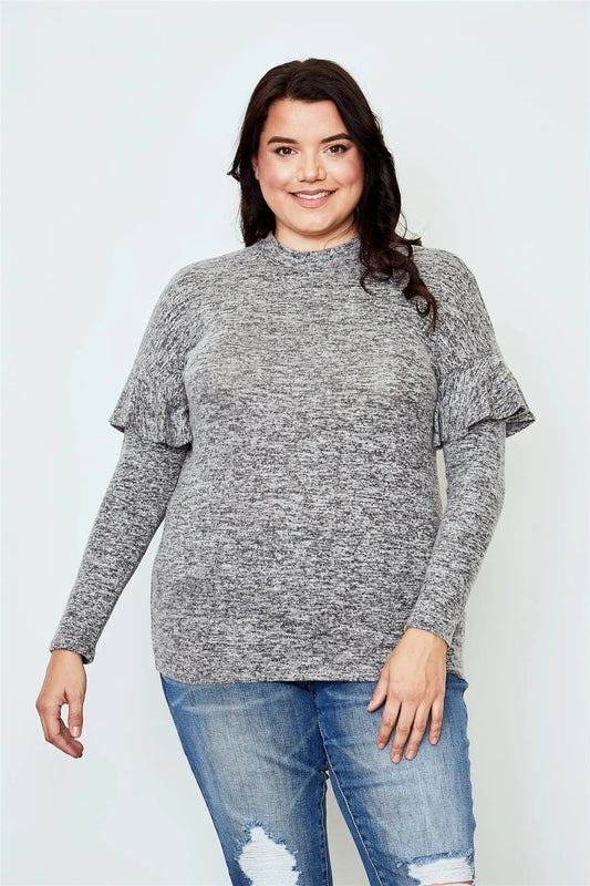 Plus Size Grey Ruffle Trim Long Sleeve Casual Sweatshirt /2-2-2 - Tasha Apparel Wholesale