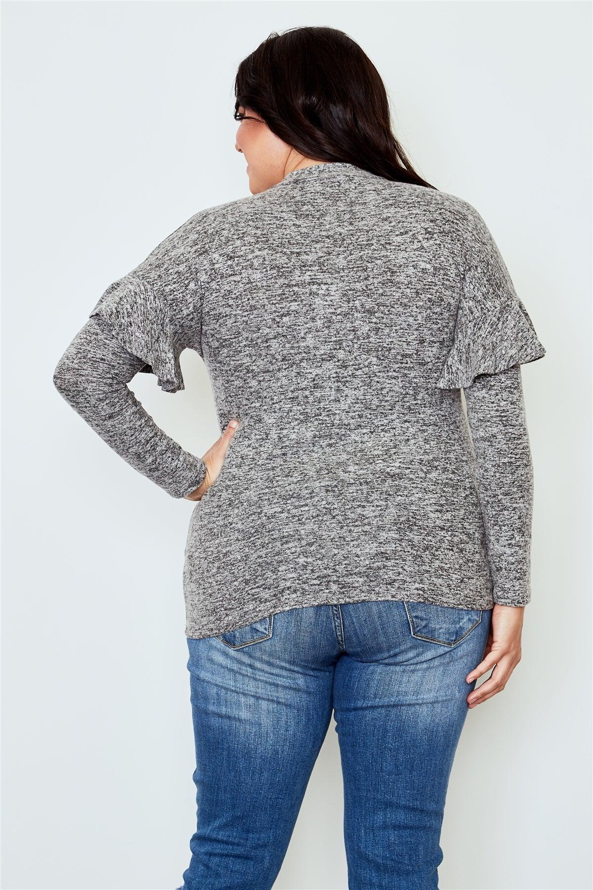 Plus Size Grey Ruffle Trim Long Sleeve Casual Sweatshirt /2-2-2