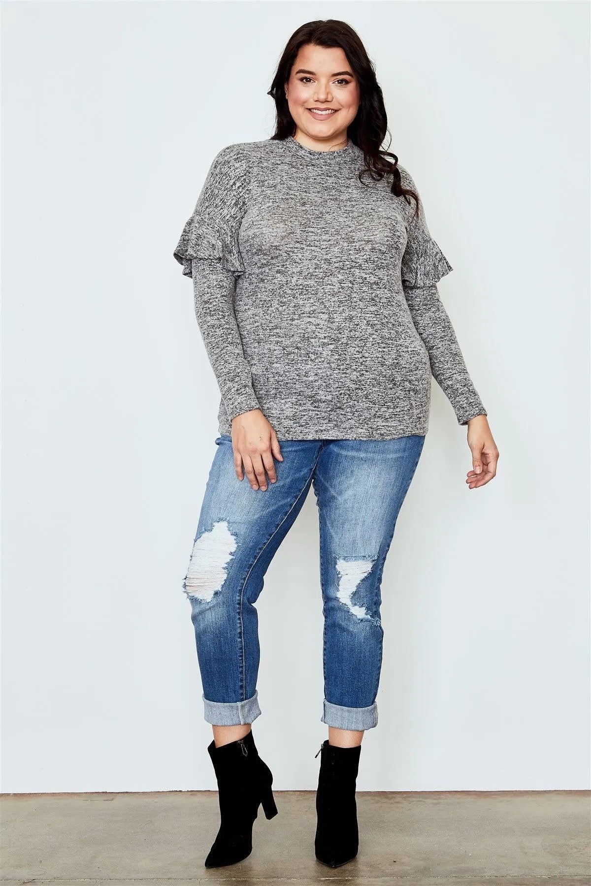 Plus Size Grey Ruffle Trim Long Sleeve Casual Sweatshirt /2-2-2 - Tasha Apparel Wholesale