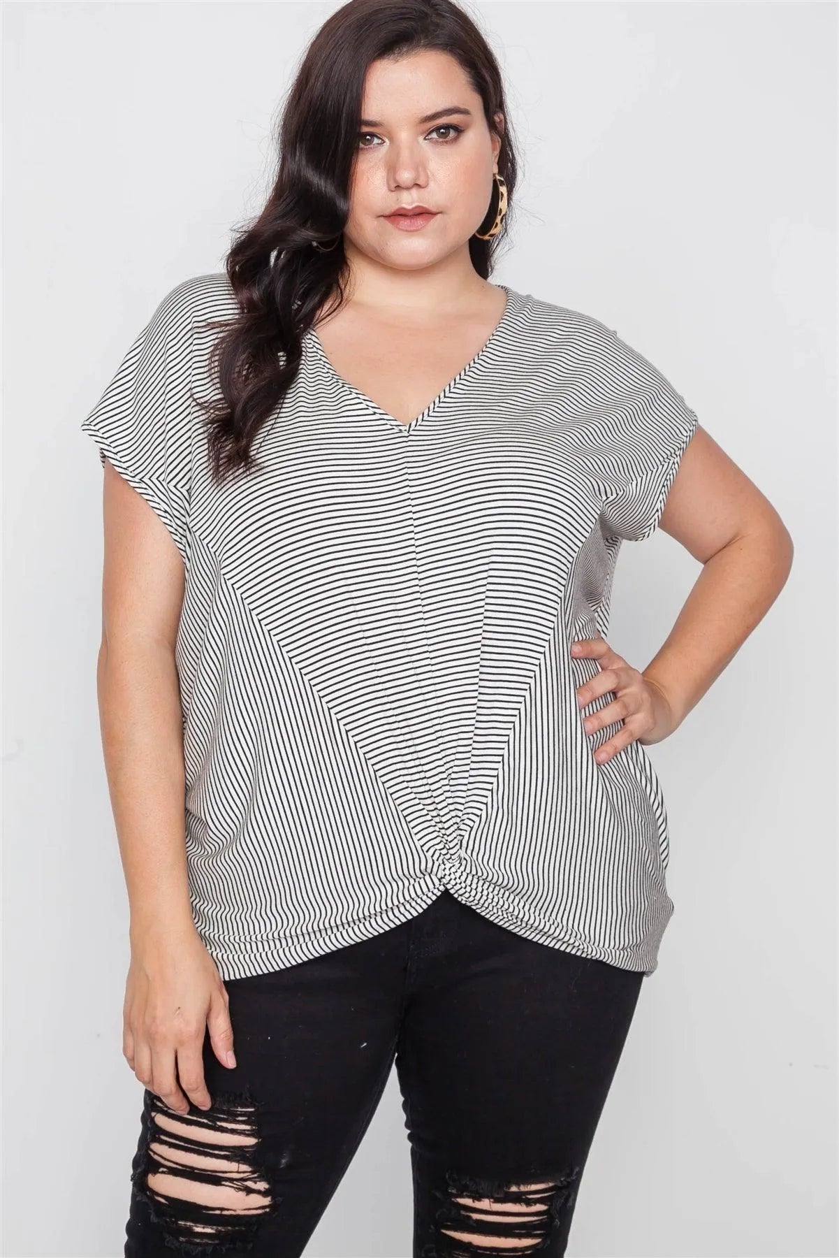 Plus Size Stripe White Black Short Sleeve Top - Tasha Apparel Wholesale