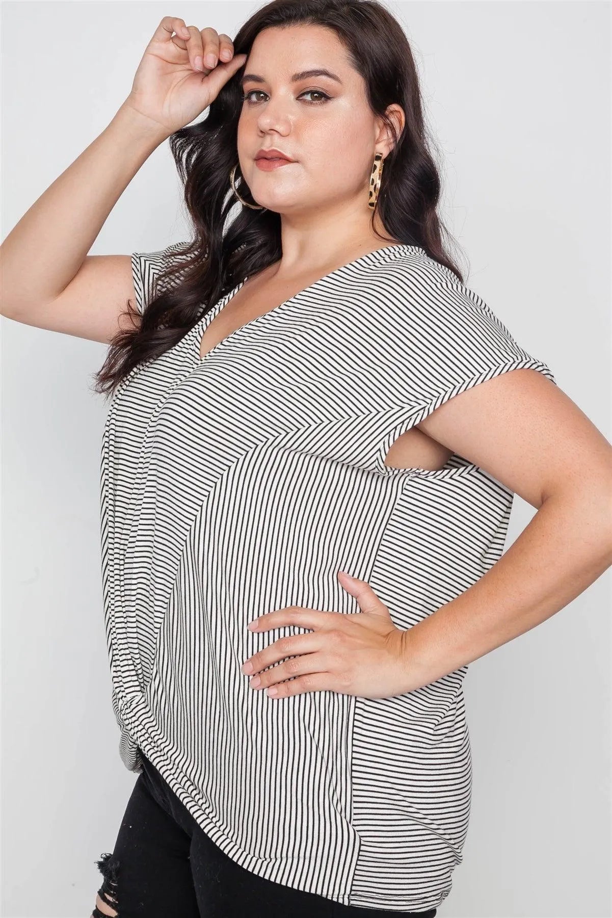 Plus Size Stripe White Black Short Sleeve Top - Tasha Apparel Wholesale
