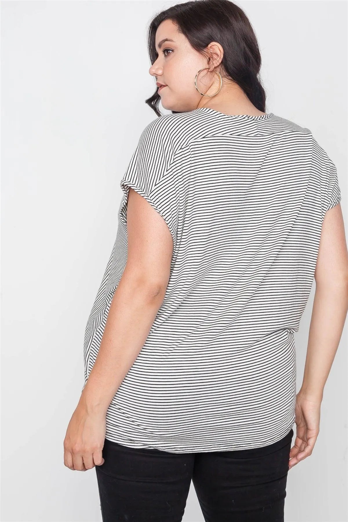 Plus Size Stripe White Black Short Sleeve Top - Tasha Apparel Wholesale